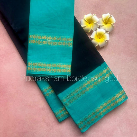 Tarangini Rudraksha border Sungudi Cotton Saree Black and green