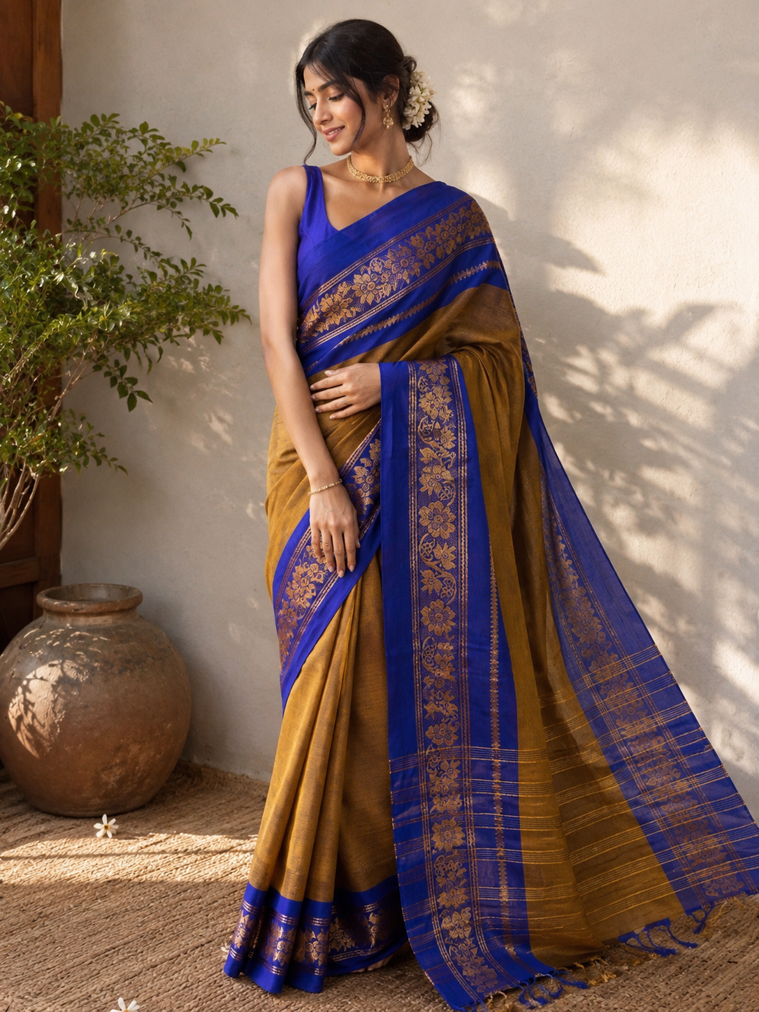 Vintage mustard deep blue combo Chettinad Cotton Saree with blouse