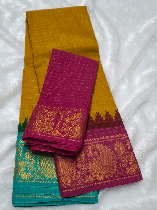 Ganga jamuna Sungudi handloom cotton Saree mustard yellow, pink and Rama green