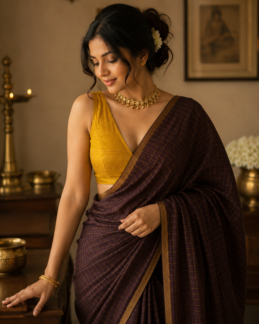 Sungudi handloom Pentex border brown saree with mustard yellow Sungudi blouse