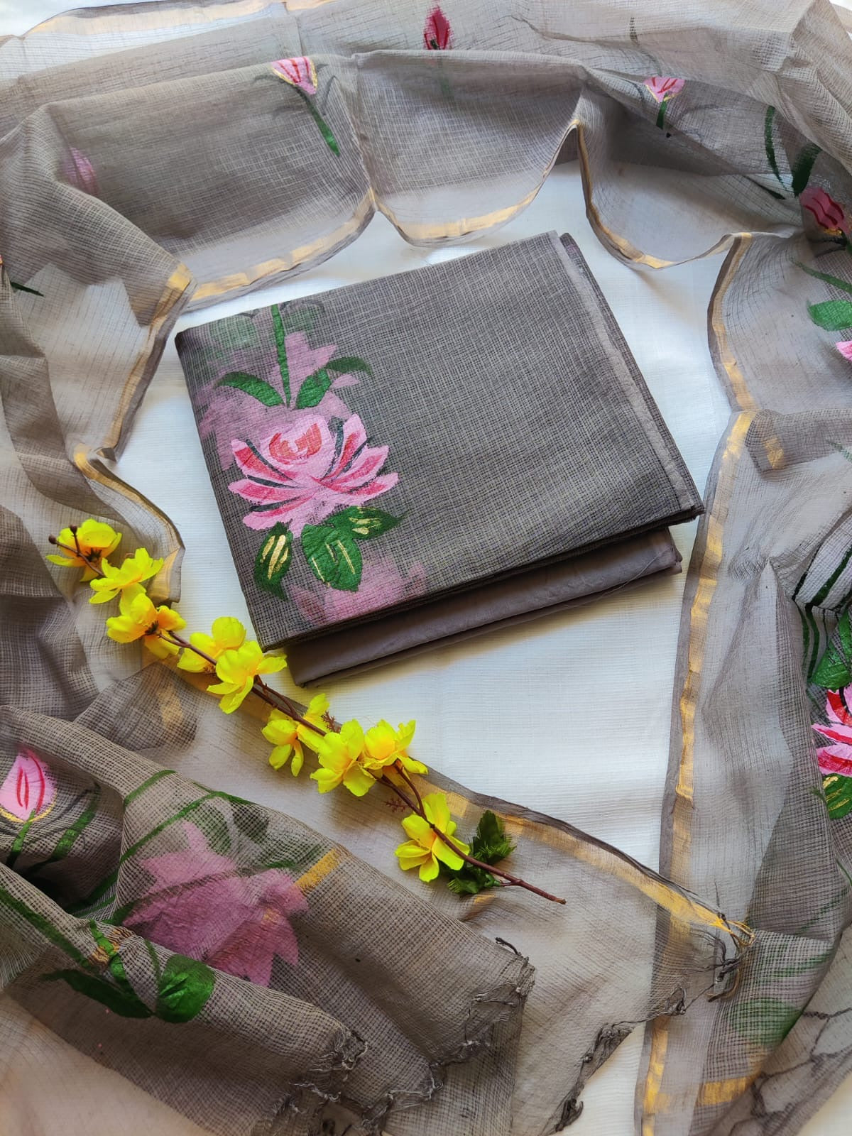 Handpainted Lotus Kota Doria Suit Set Unstitched