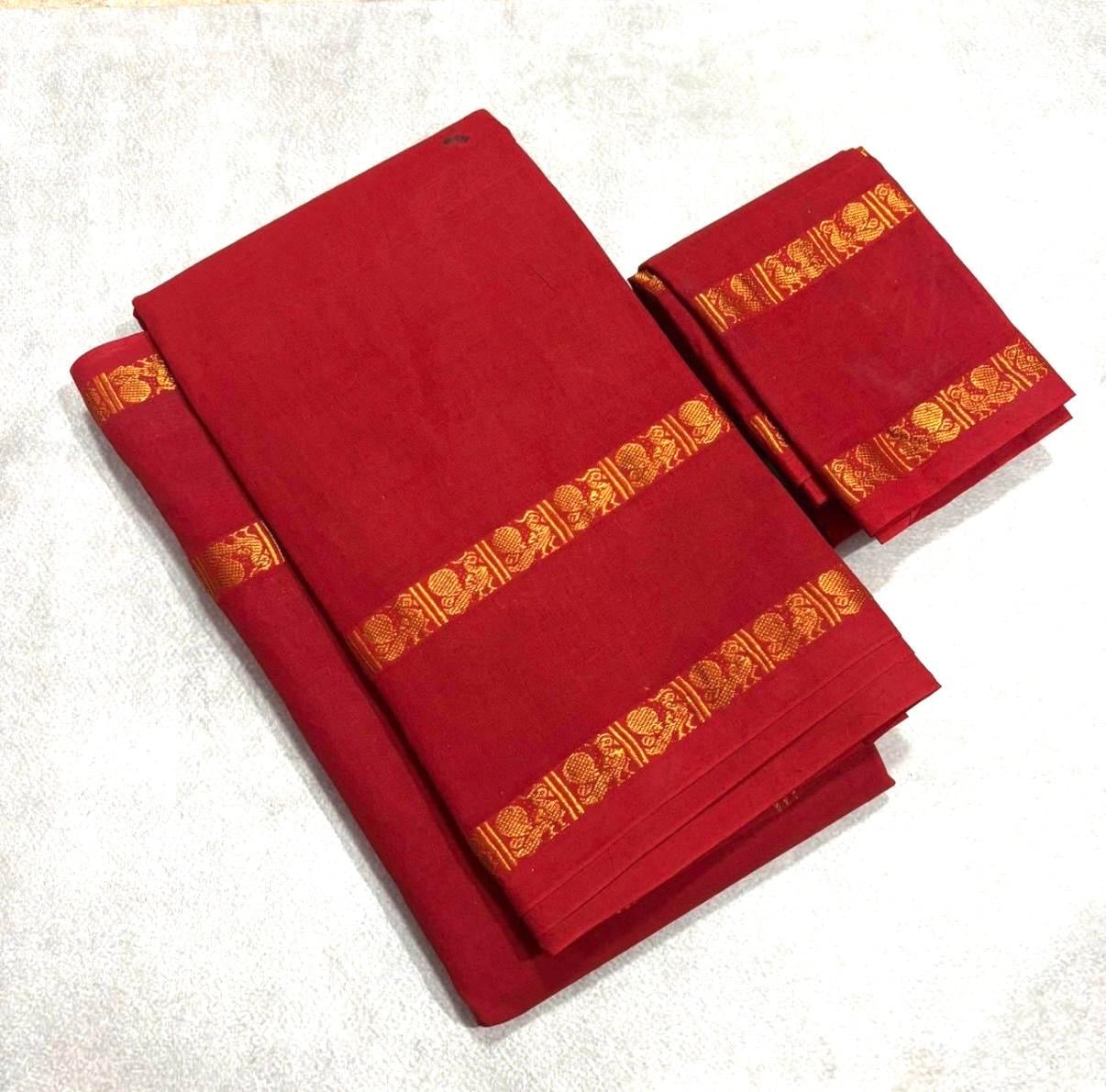 Festive Red retta petta border Sungudi Cotton Saree with matching blouse piece