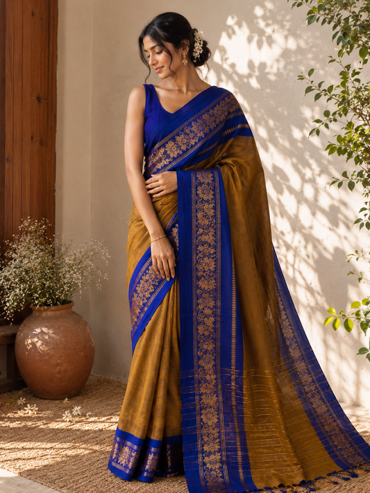 Vintage mustard deep blue combo Chettinad Cotton Saree with blouse