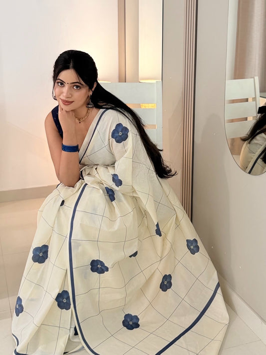 Indigo floral check Saree