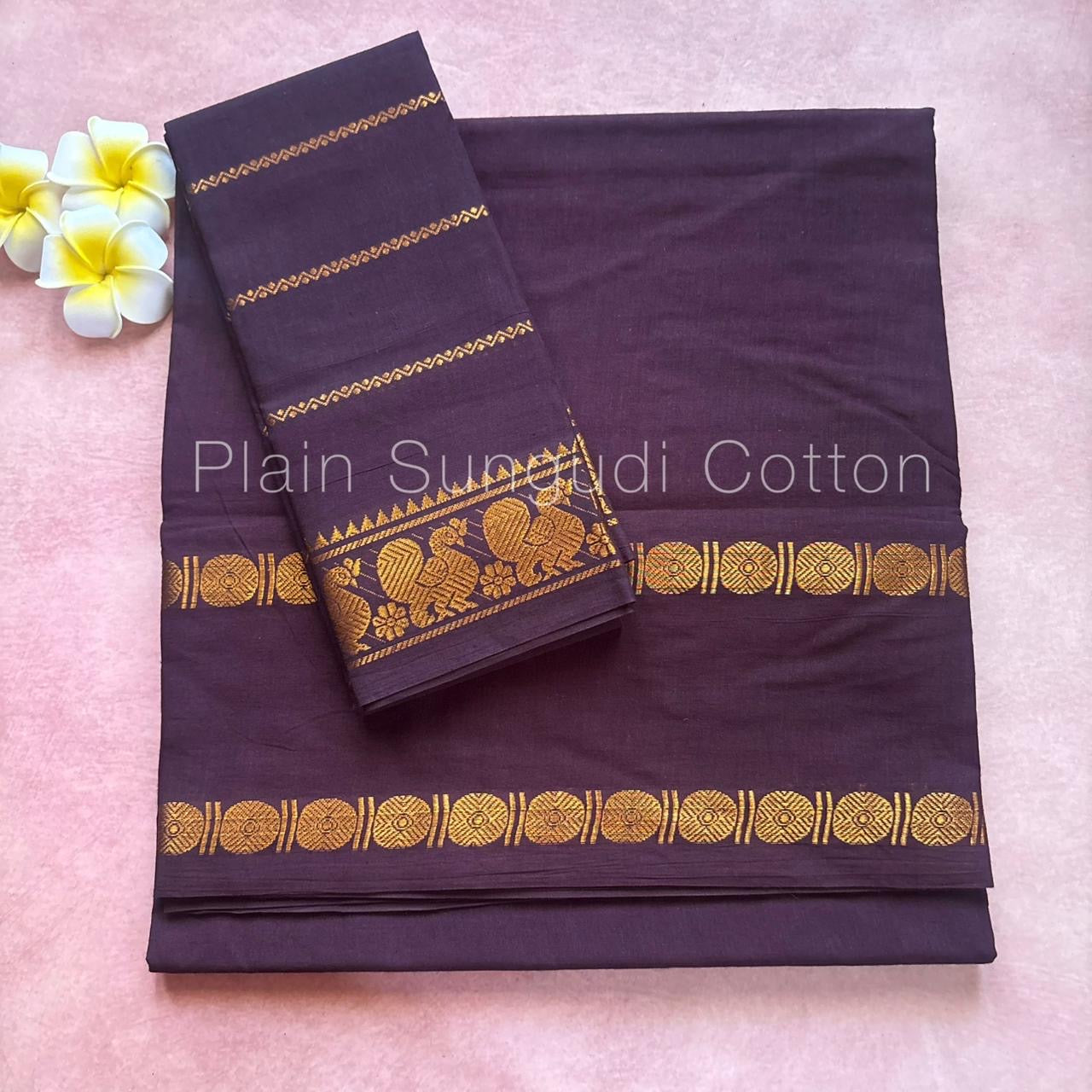 Rudraksha retta petta border brown sungudi handloom cotton saree with blouse