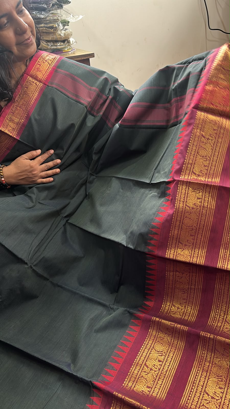 Dark green kanchi cotton dual border saree with blouse SGS46