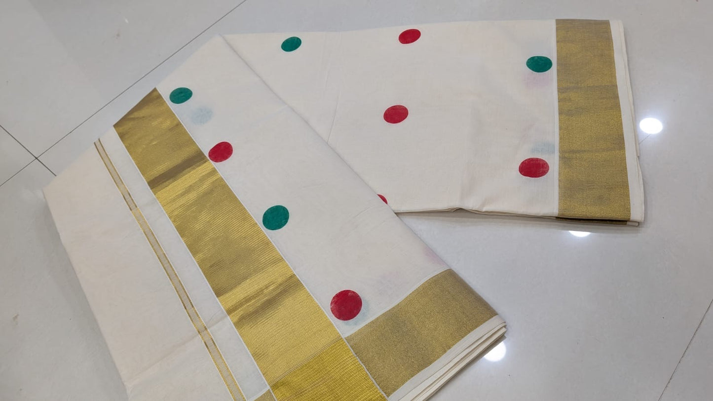 Multi colour polka dot Kerala kasavu Saree