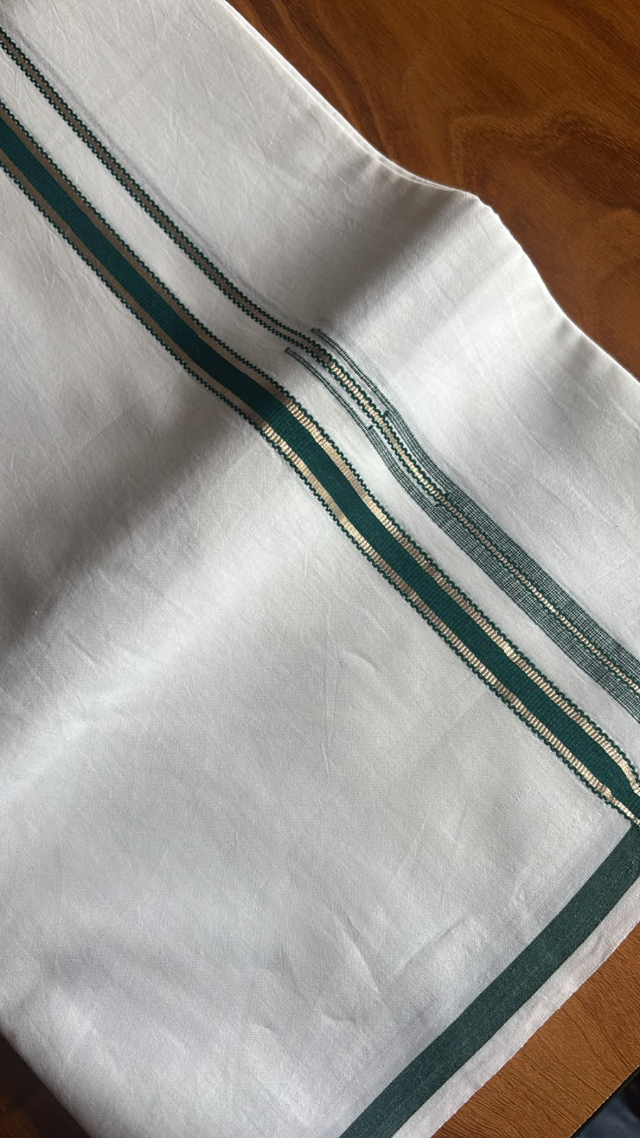 Heritage teal green silver border Bleached white cotton gents single Mundu Dhothi