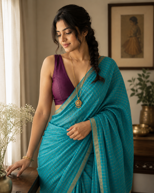 Handloom Sungudi cotton saree with Pentex border sky blue and grape shade
