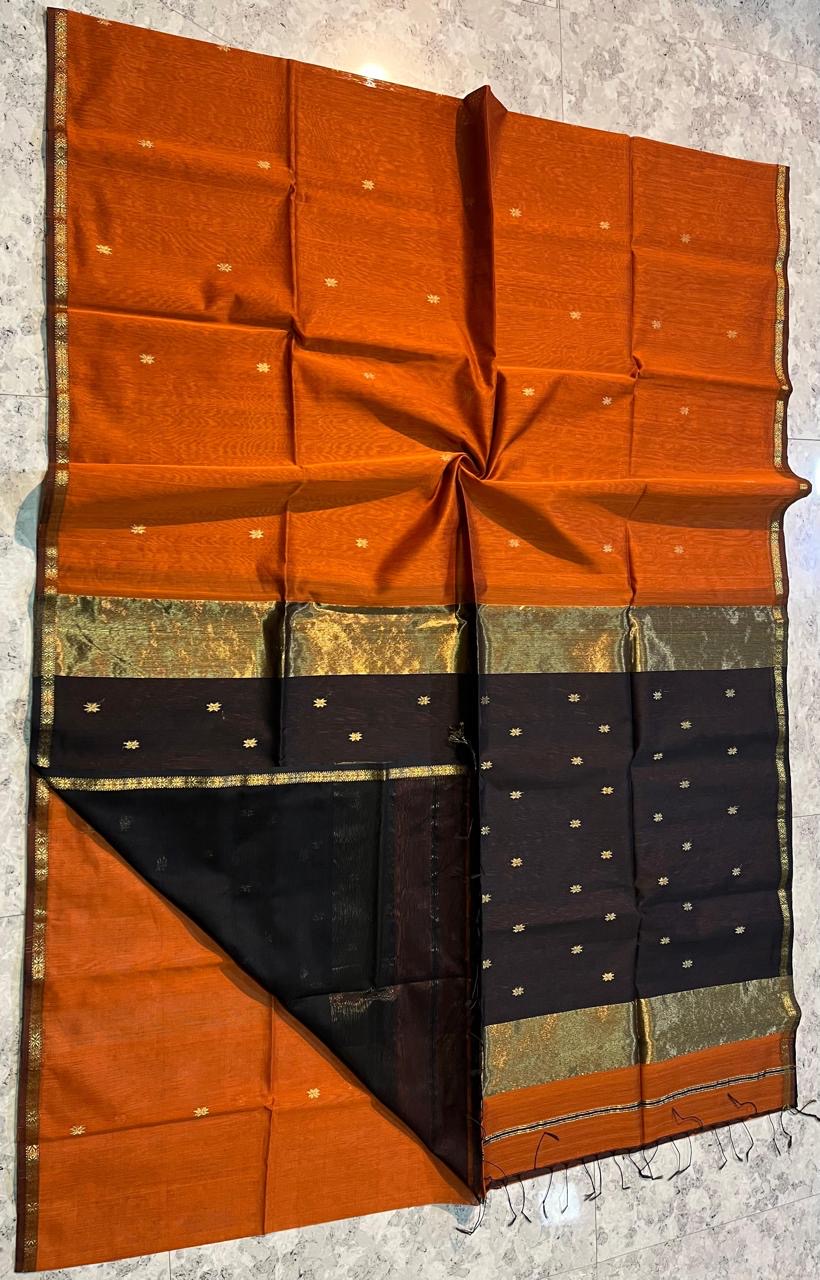 Kalyanika Maheshwari silk saree rust orange black combo Shibla Fara’s choice