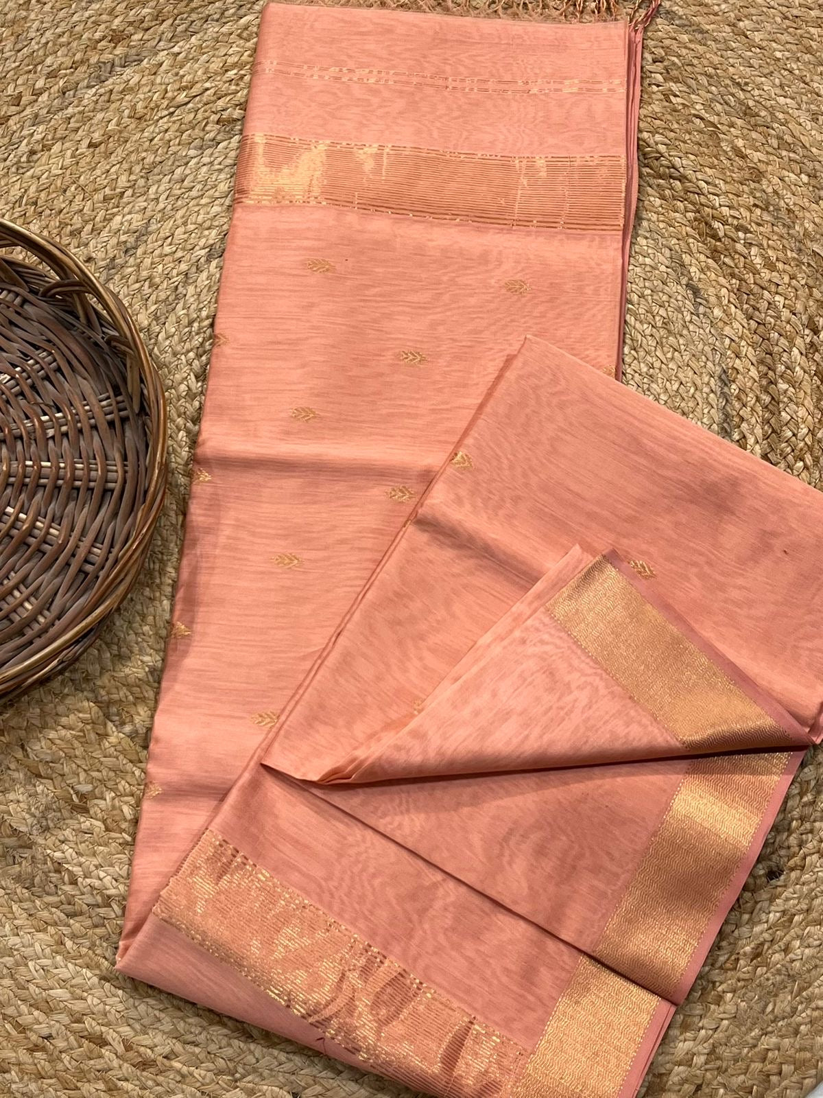 Festive peach Maheshwari handloom silk cotton Saree