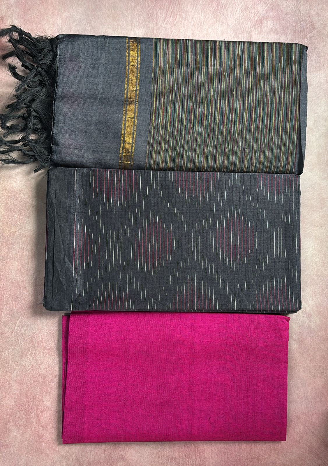 Pochampally Ikkat silk mix Suit materials Unstitched Grey and Pink