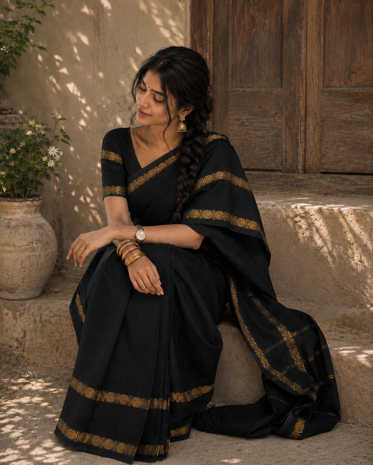 Rudraksha retta petta border black sungudi handloom cotton saree with blouse