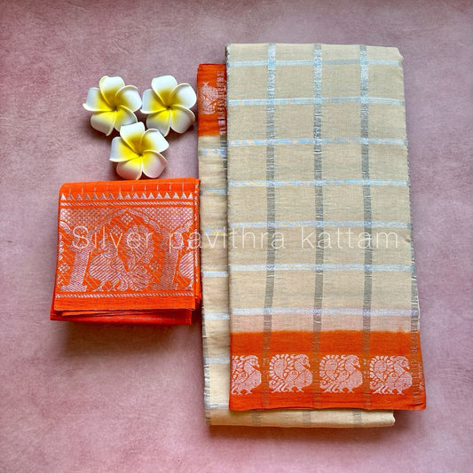 Silver pavithra kattam Sungudi handloom cotton Saree with contrast orange border