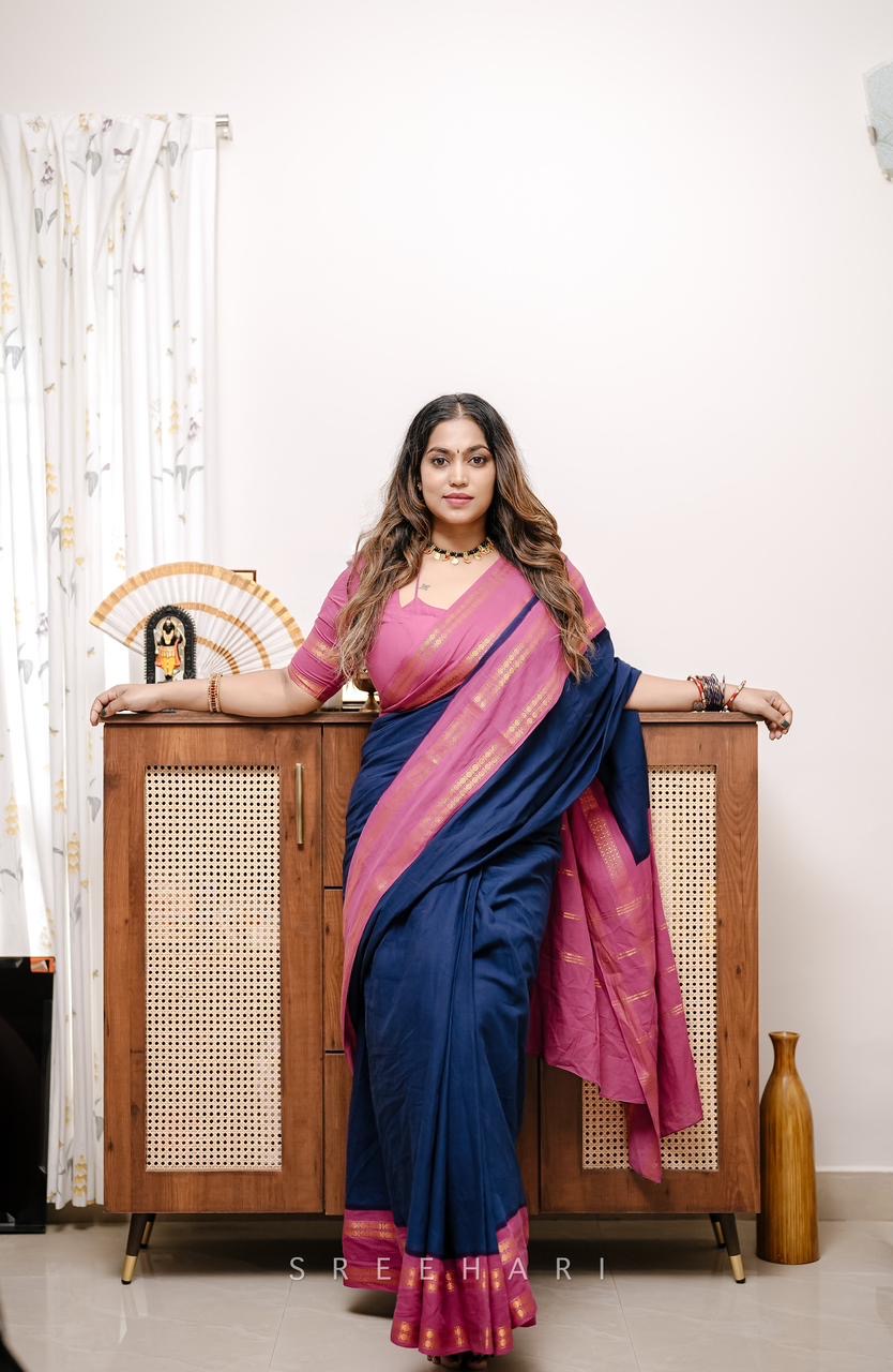 Tarangini vintage Navy blue and majenta Rudraksha border sungudi saree Rajila’s choice