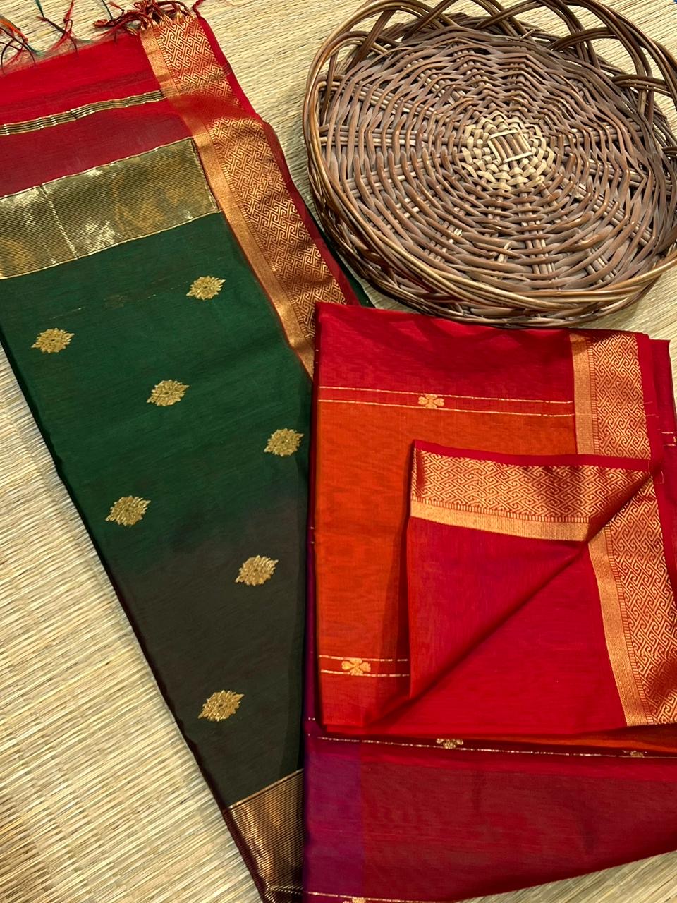 Festive Maheshwari silk cotton Saree with butti lines & butta Pallu