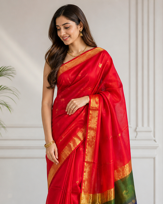 Festive Maheshwari silk cotton Saree with butti lines & butta Pallu