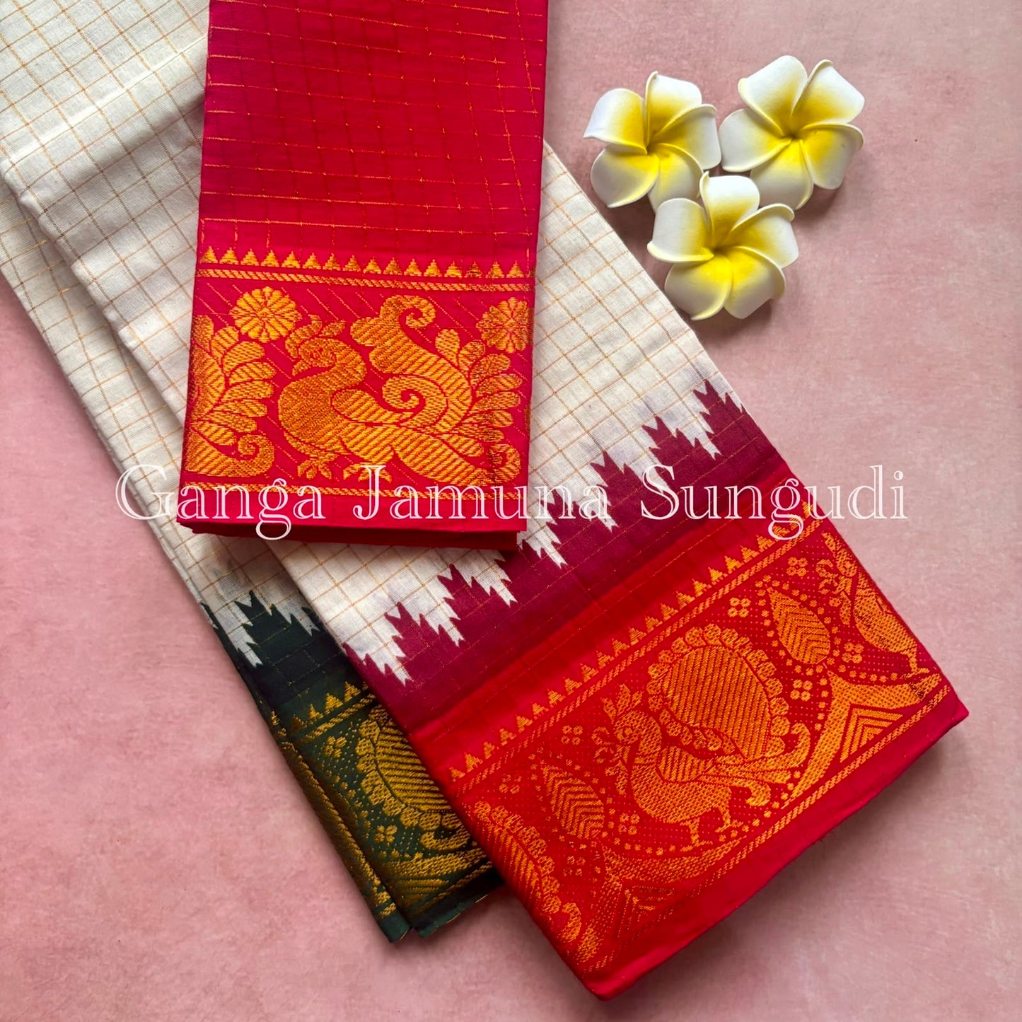 Ganga Jamuna Handloom Sungudi Cotton Saree Red and Green