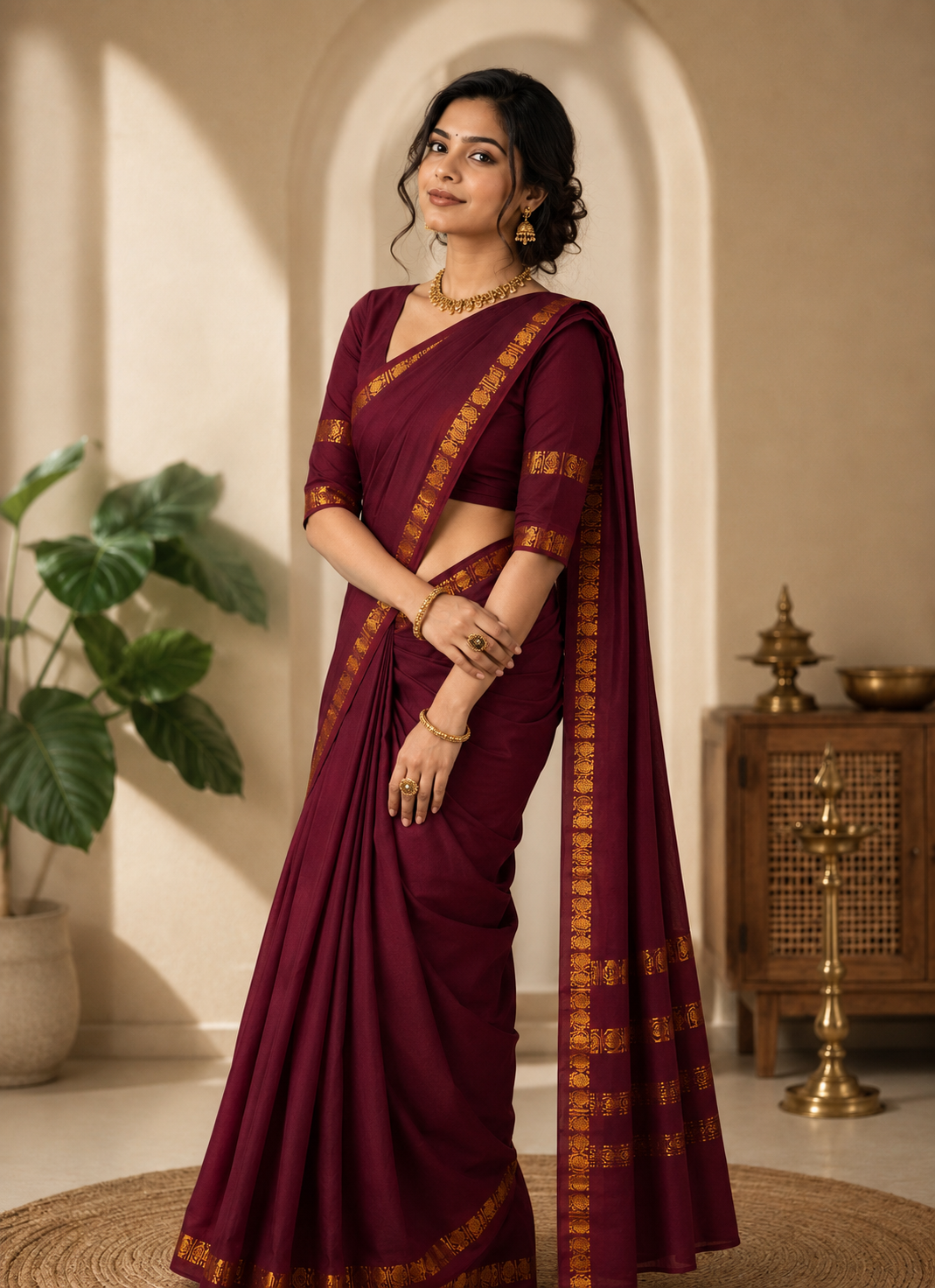 Maroon retta petta border Sungudi cotton Saree with matching blouse