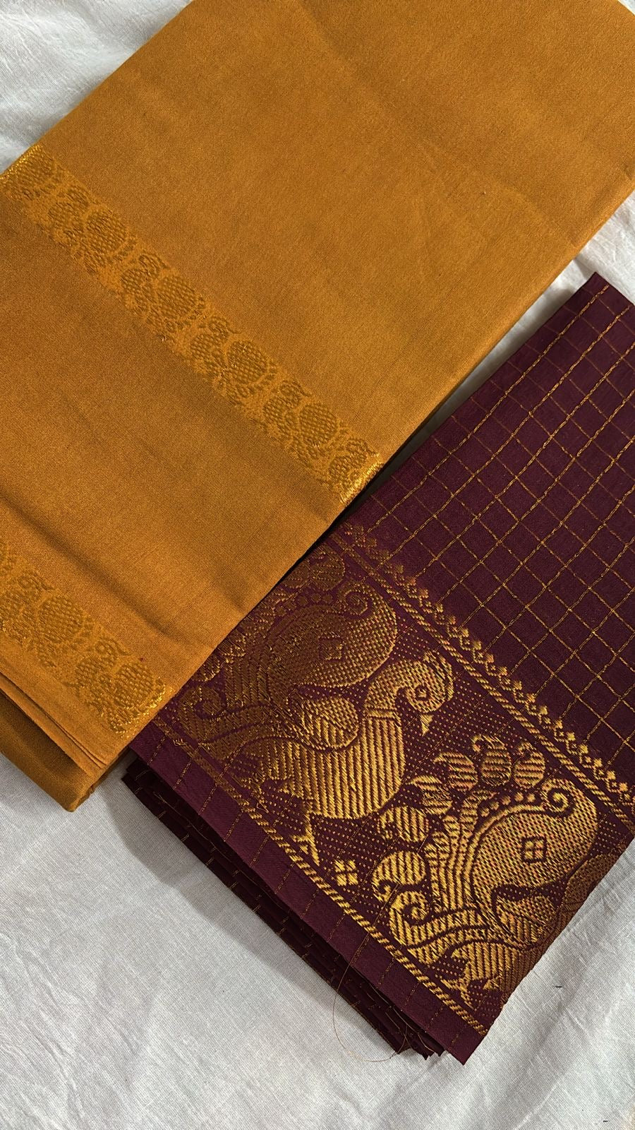 Pre order : Tarangini Handloom Sungudi Sarees Mustard yellow with contrast Maroon Blouse piece