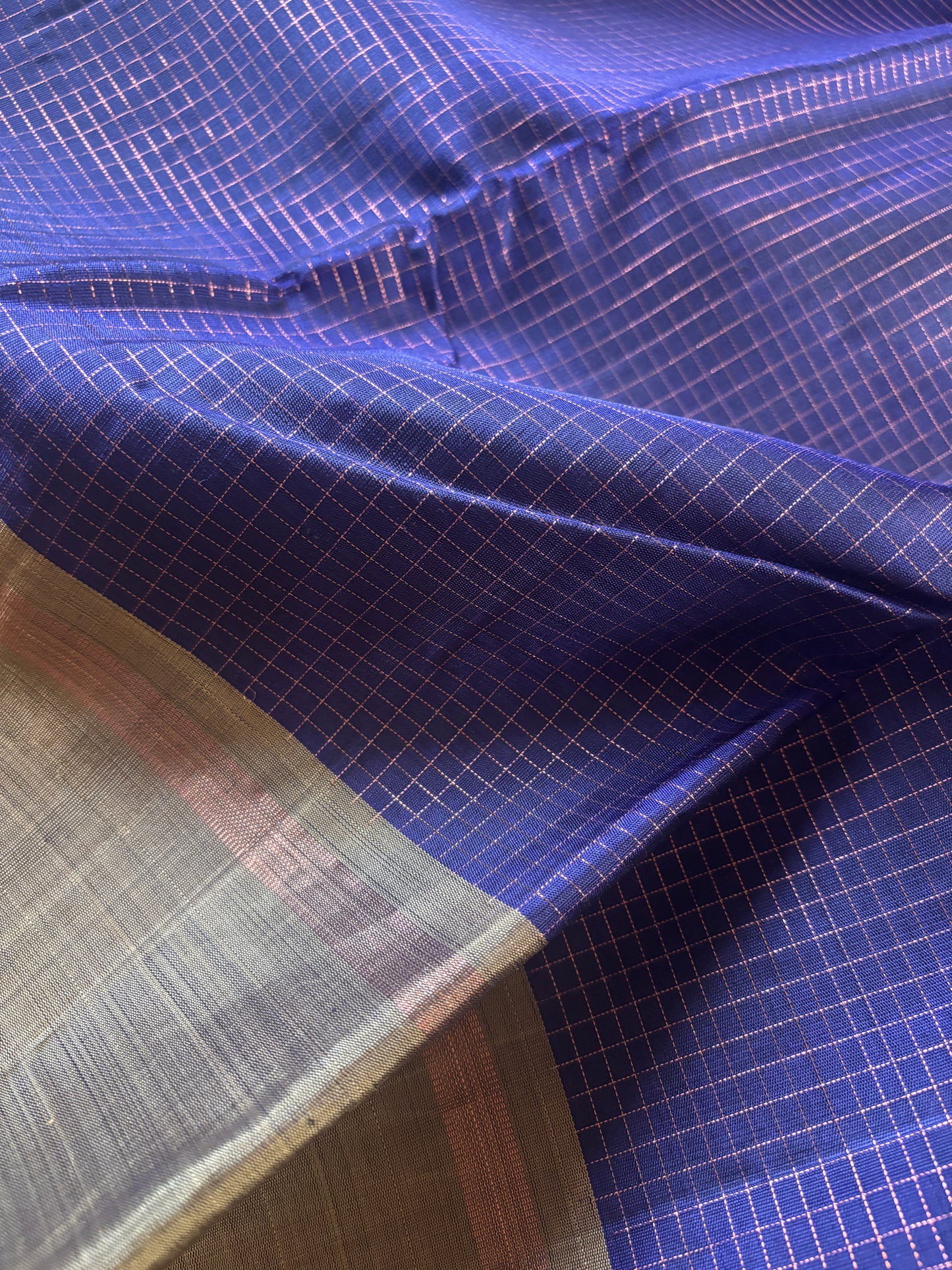 Kanjipuram Silk Saree in deep purple with contrast golden brown border