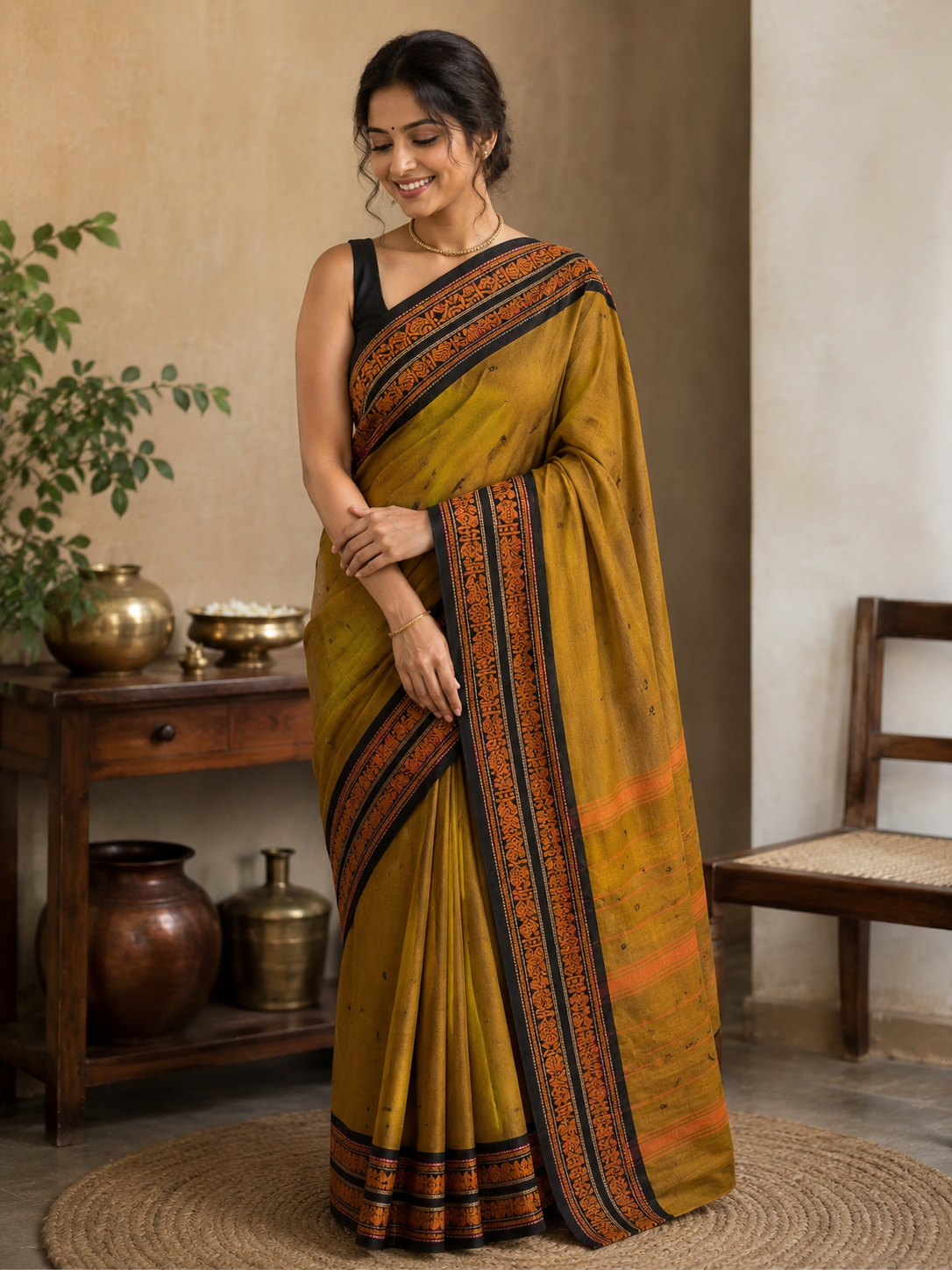Mustard yellow thread border Kanchi cotton butta Saree with running blouse