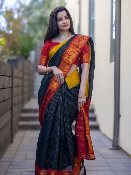 Black zari checks mustard maroon Ganga Jamuna Sungudi Handloom Cotton Saree