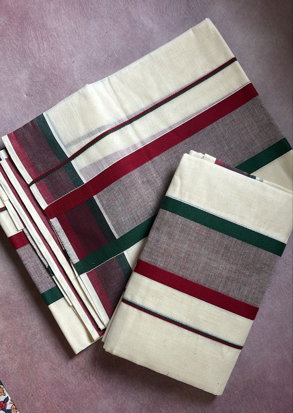 Kattikara dual border pure cotton set Mundu maroon and green