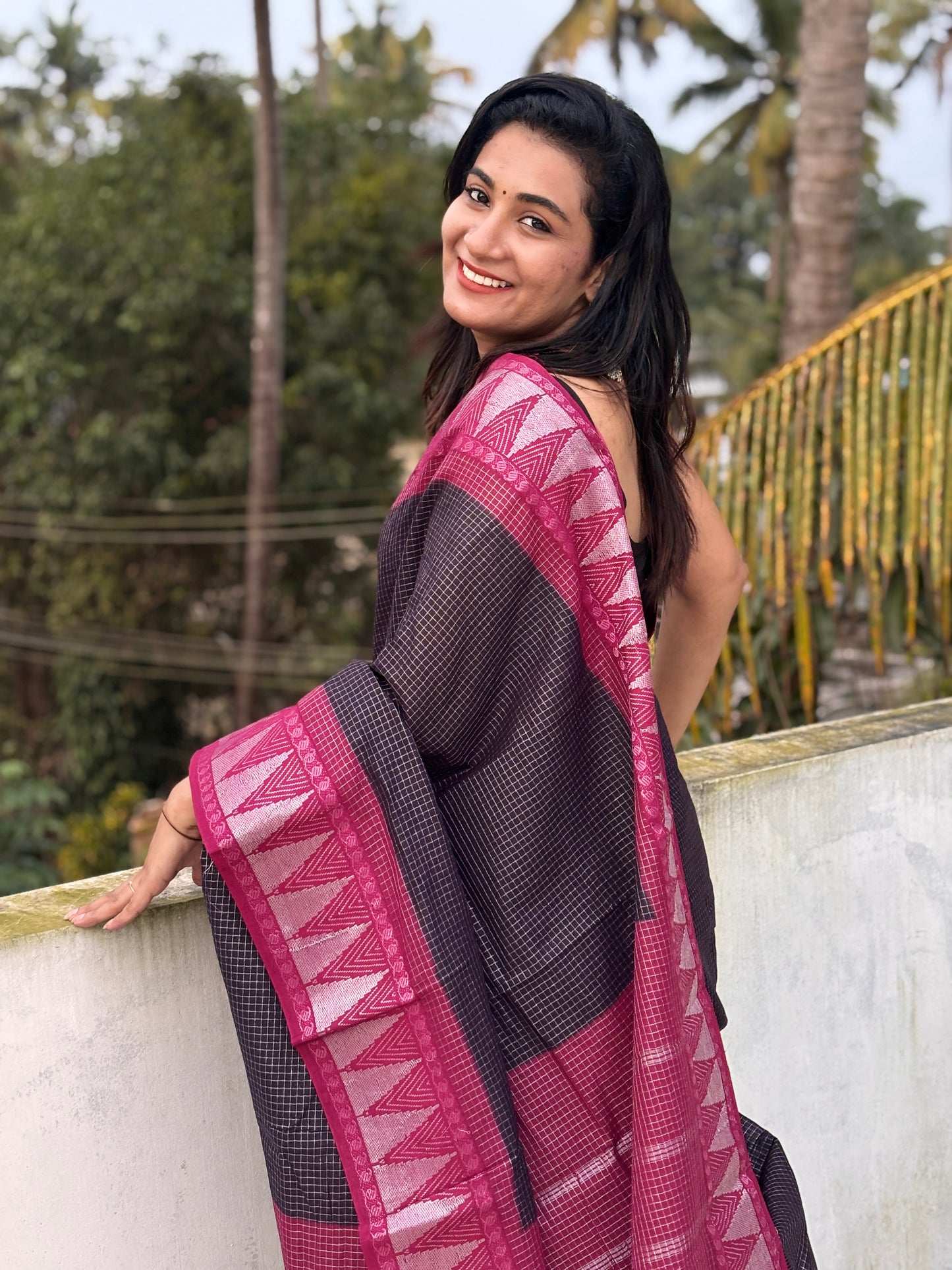 Gopuram border micro check sungudi cotton saree black and wine maroon