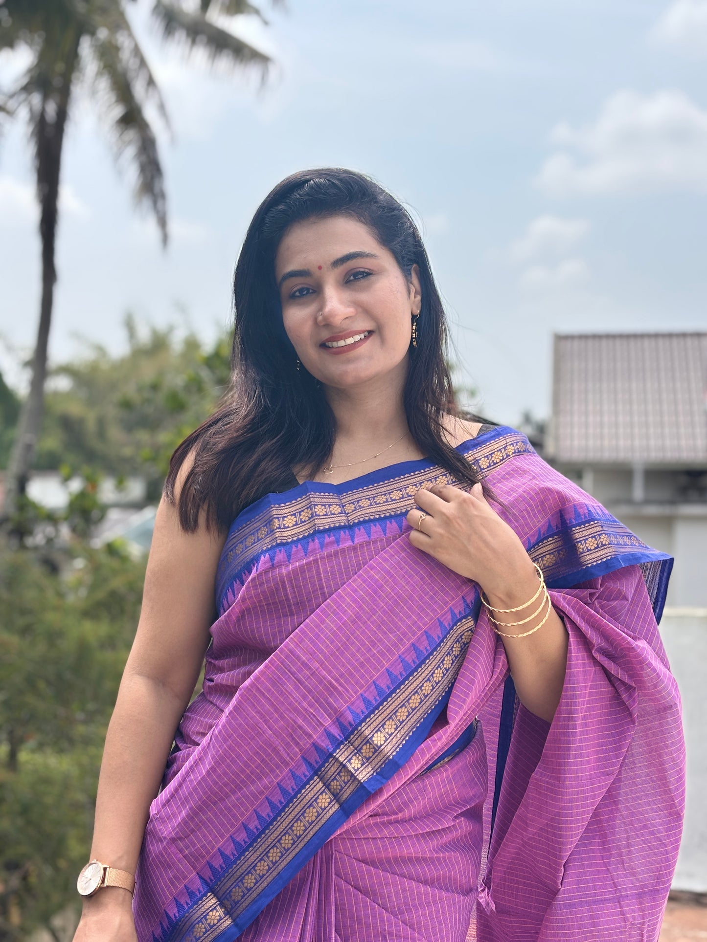 Sangita Vintage Korvai check pure cotton sarees purple