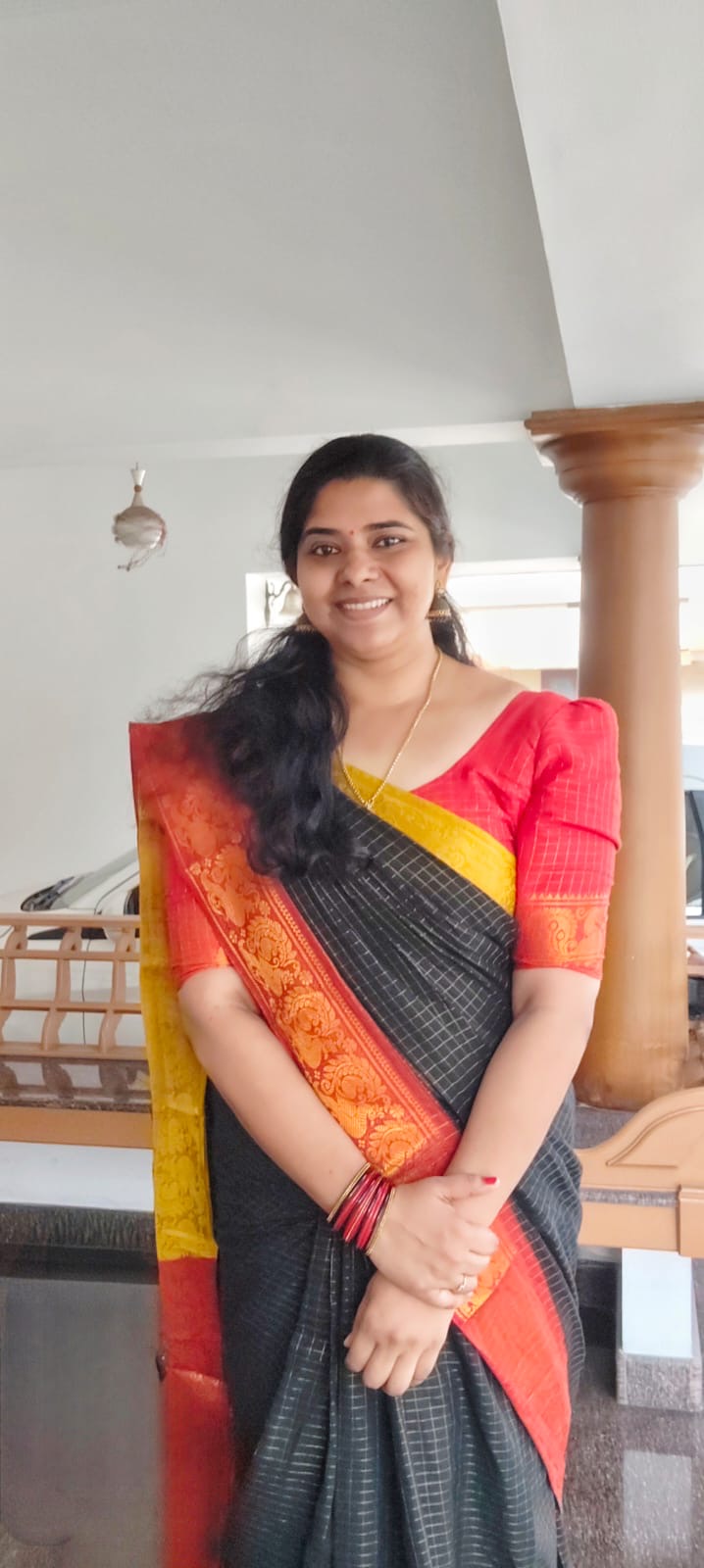 Black zari checks mustard maroon Ganga Jamuna Sungudi Handloom Cotton Saree