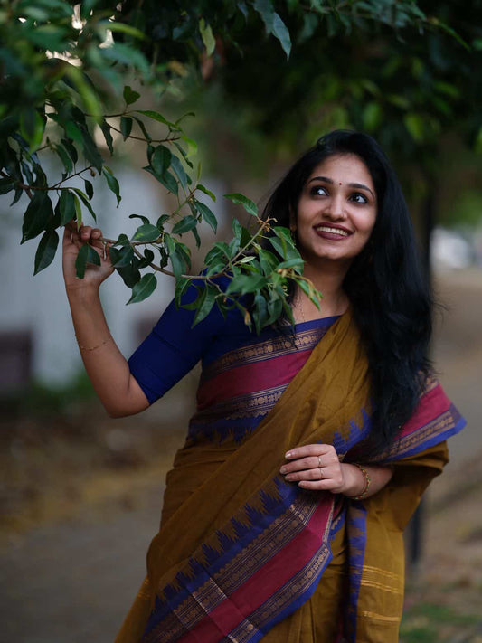 Sangita Chettinad kanchi cotton rustic shade with temple border Saree