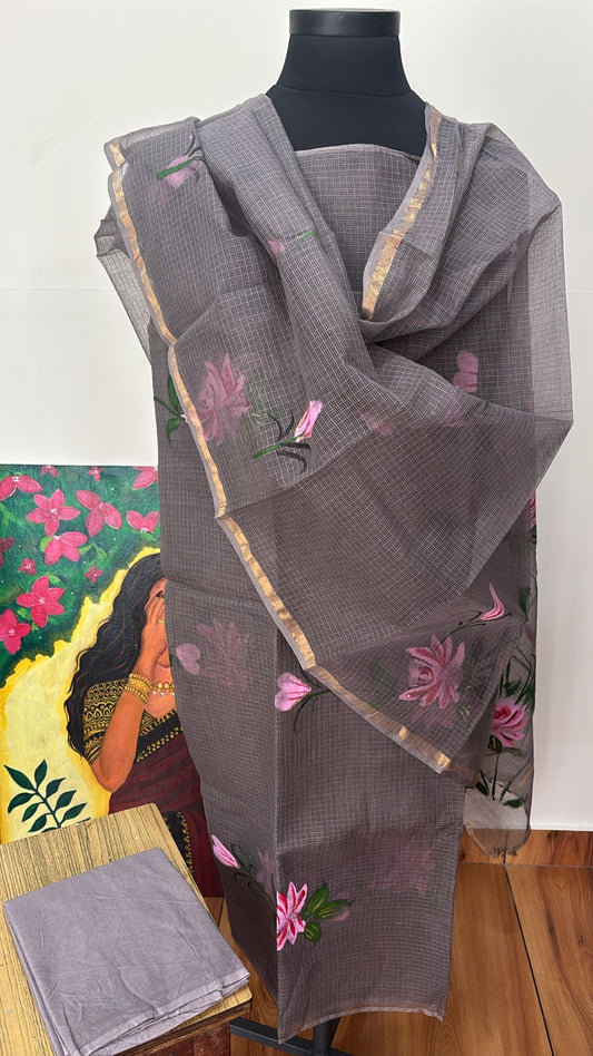 Handpainted Lotus Kota Doria Suit Set Unstitched