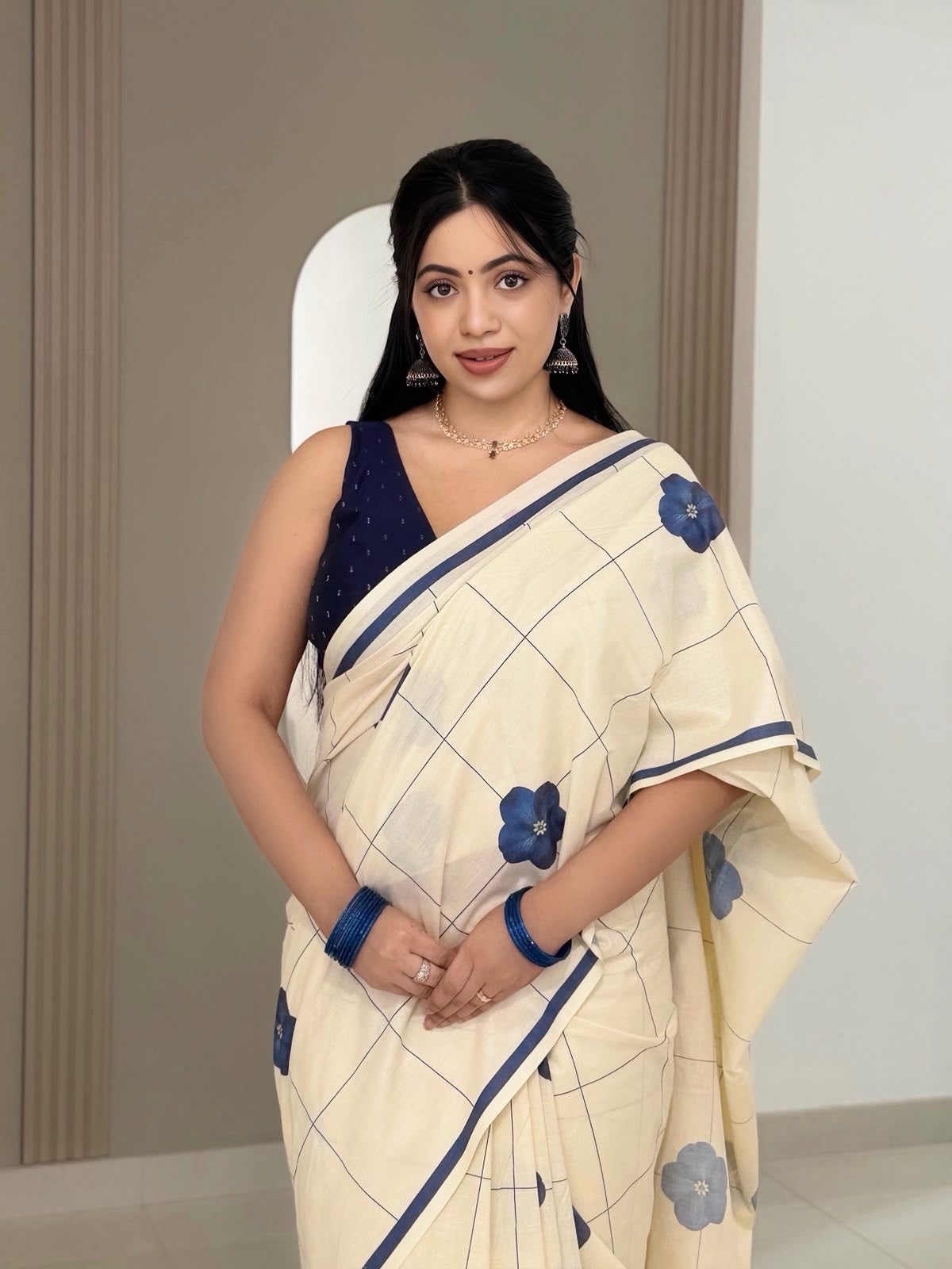 Indigo floral check Saree