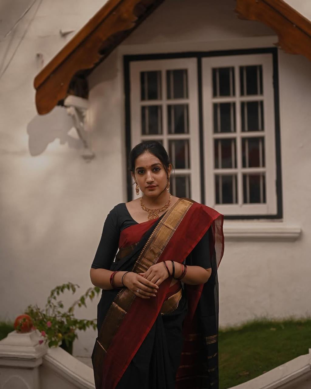 Sangita Vintage pattern Chettinad cotton saree black and maroon