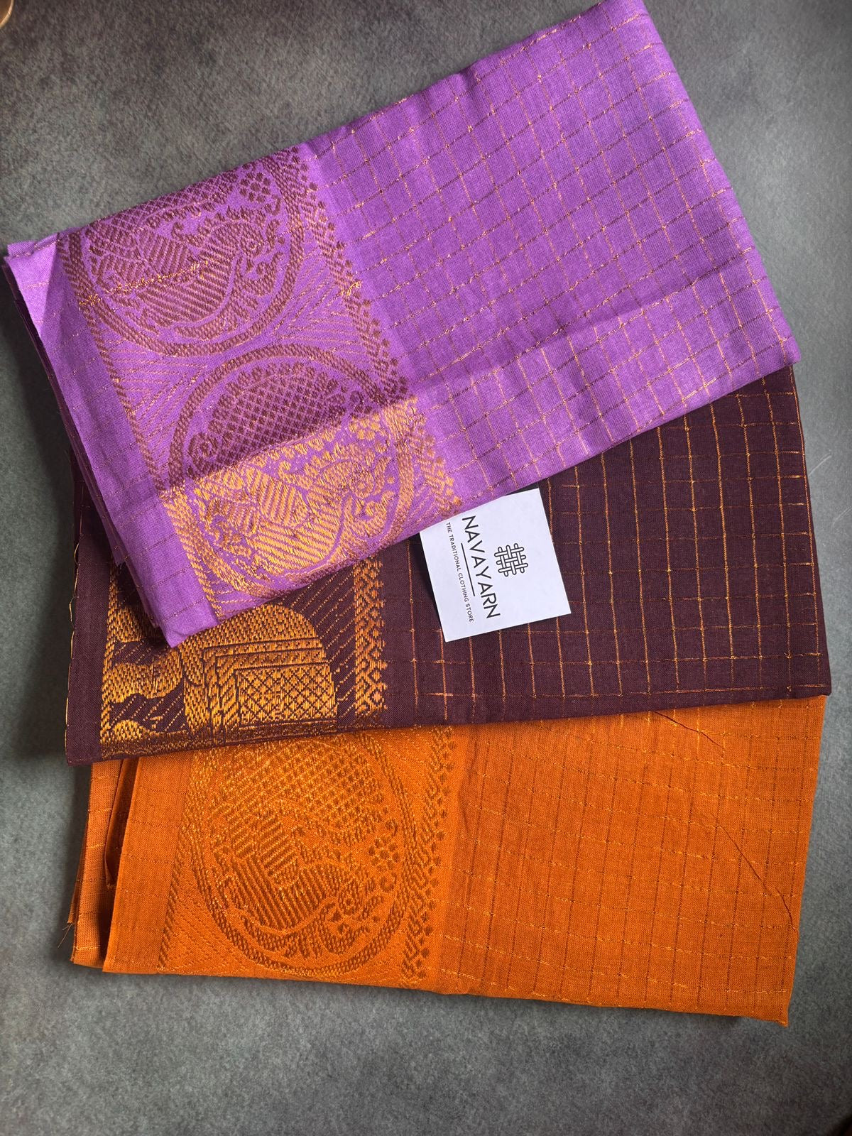 Handloom sungudi blouse pieces pack of 3 (violet brown mustard)