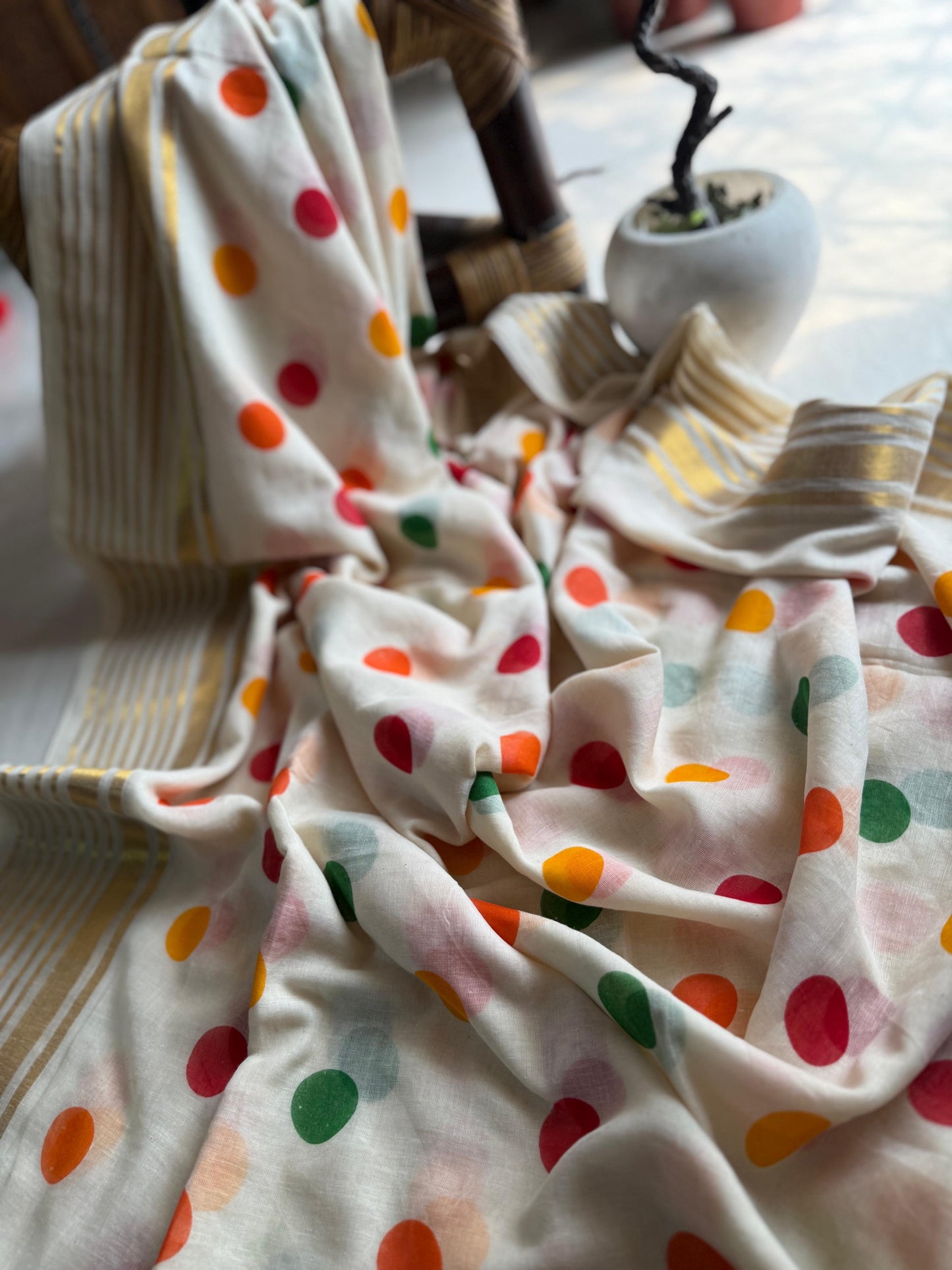 Festive multi colour polka dot handwoven Mul cotton Sarees