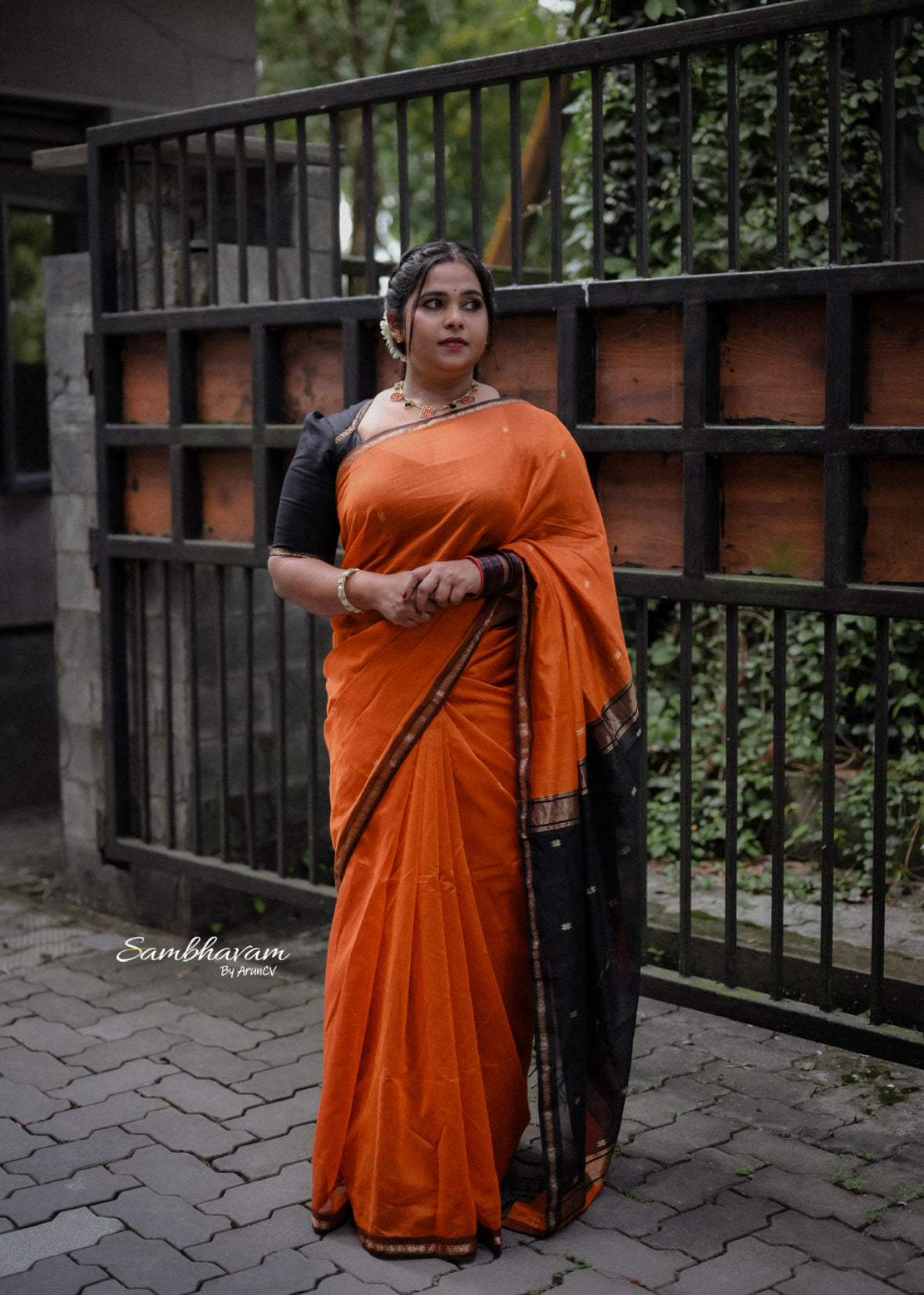 Kalyanika Maheshwari silk saree rust orange black combo Shibla Fara’s choice