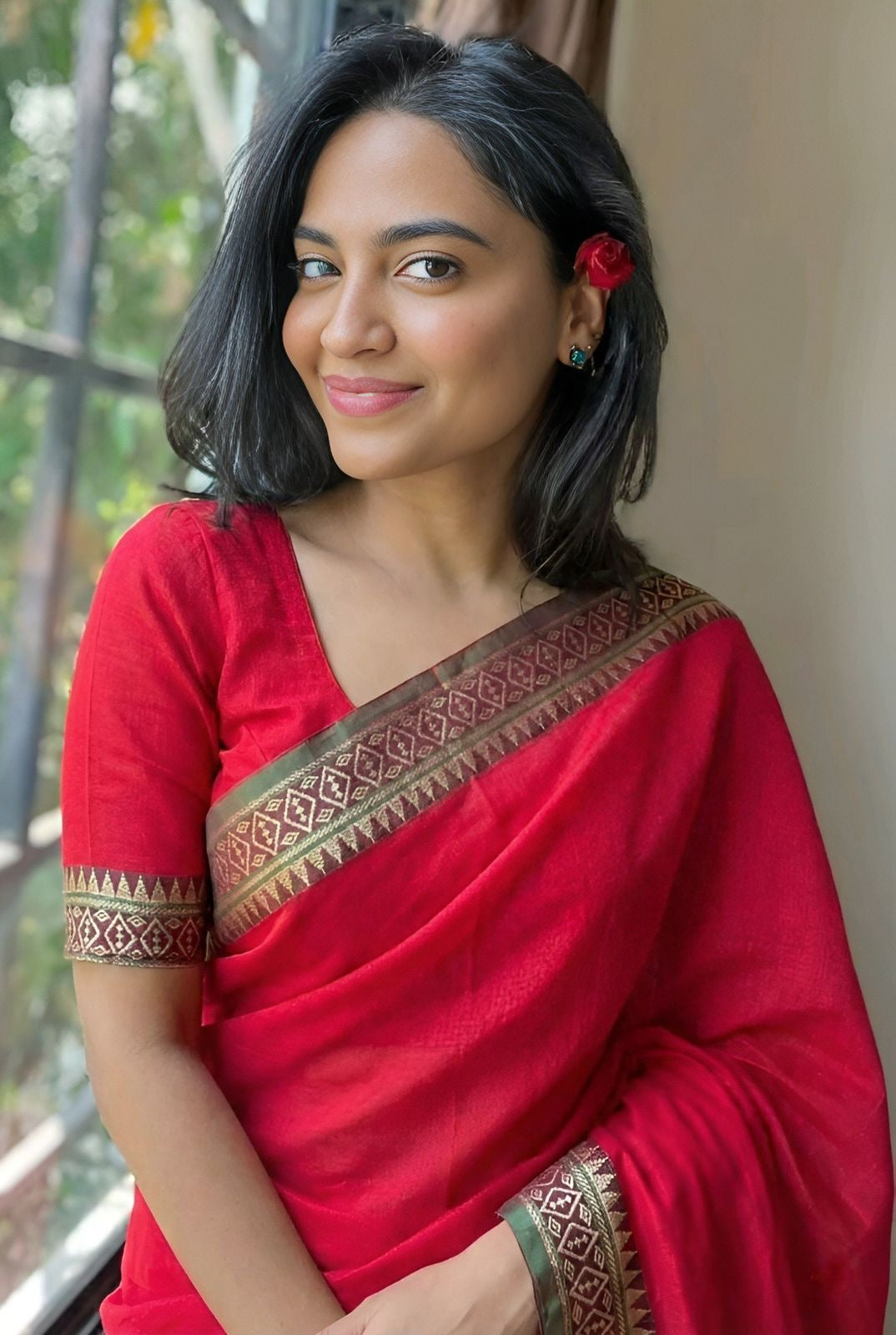 Festive Red Narayanpeth mercerised cotton Saree