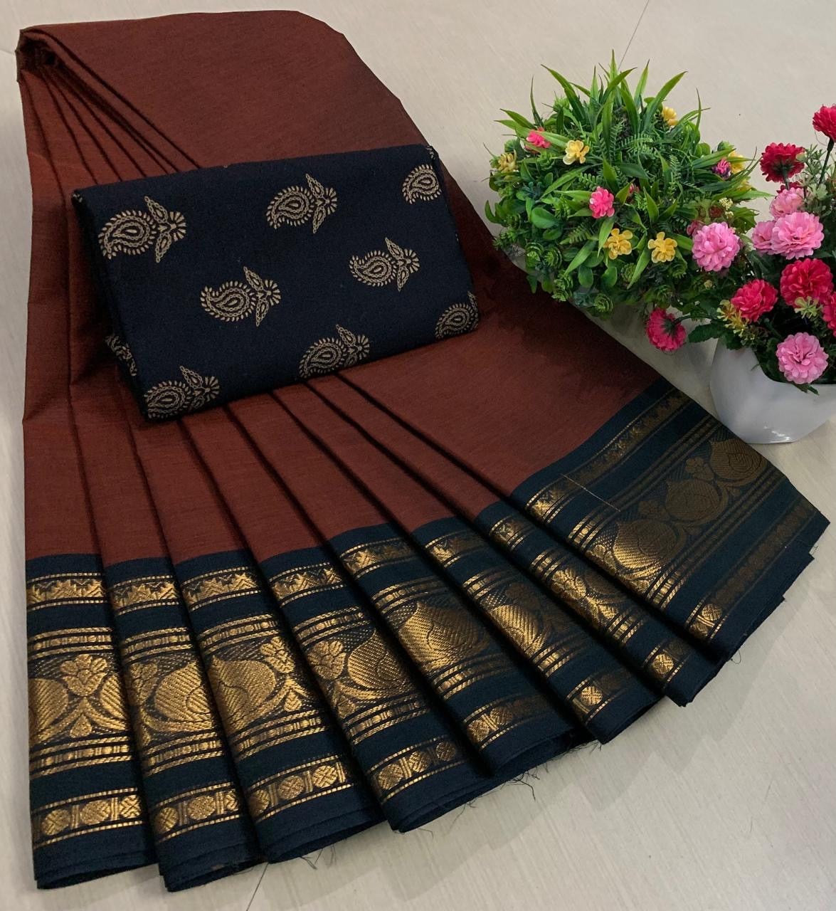 Classic Brown with black Chettinad Cotton Saree with printed blouse