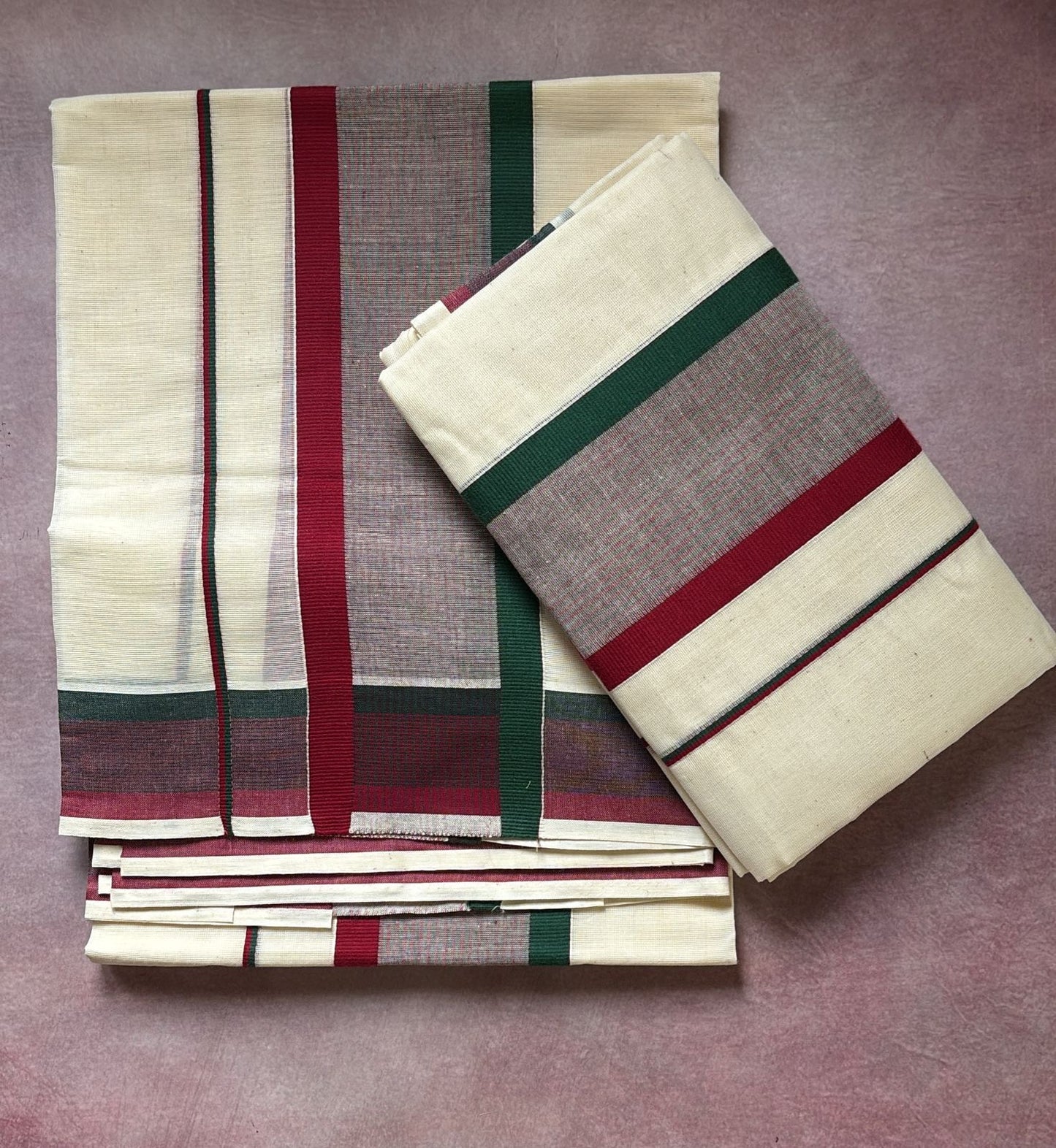 Kattikara dual border pure cotton set Mundu maroon and green