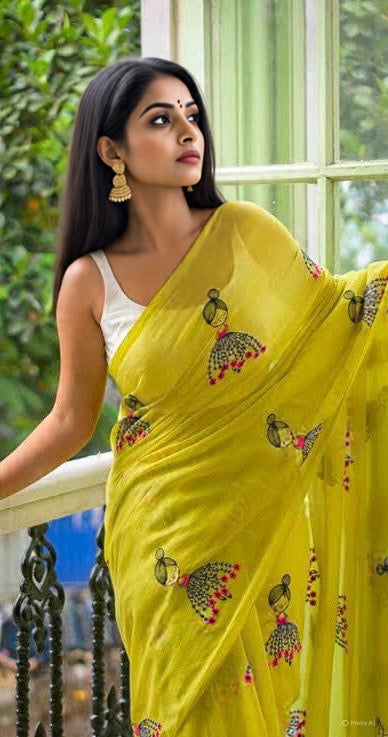Doll design embroidered soft cotton saree