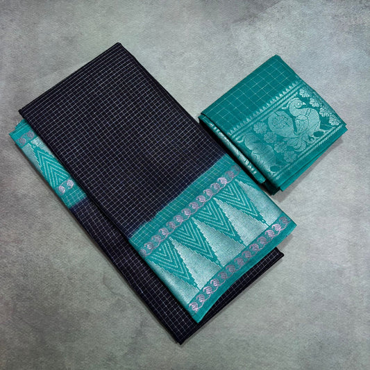 Gopuram border Micro check sungudi cotton saree black and Rama green