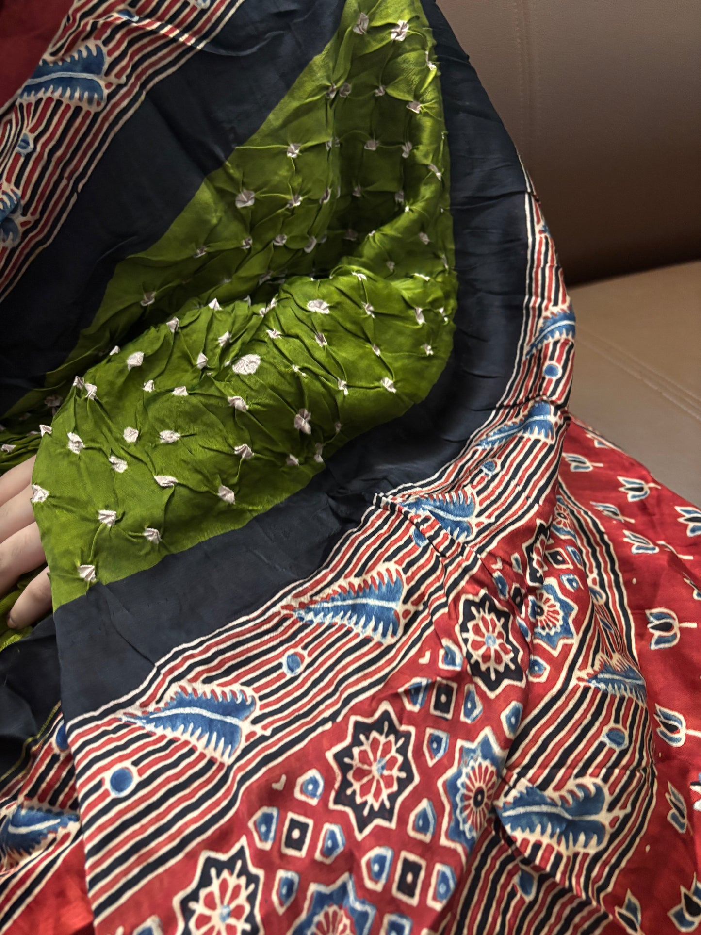 Modal silk Ajrakh block printed Hand Bhandej Sarees Green