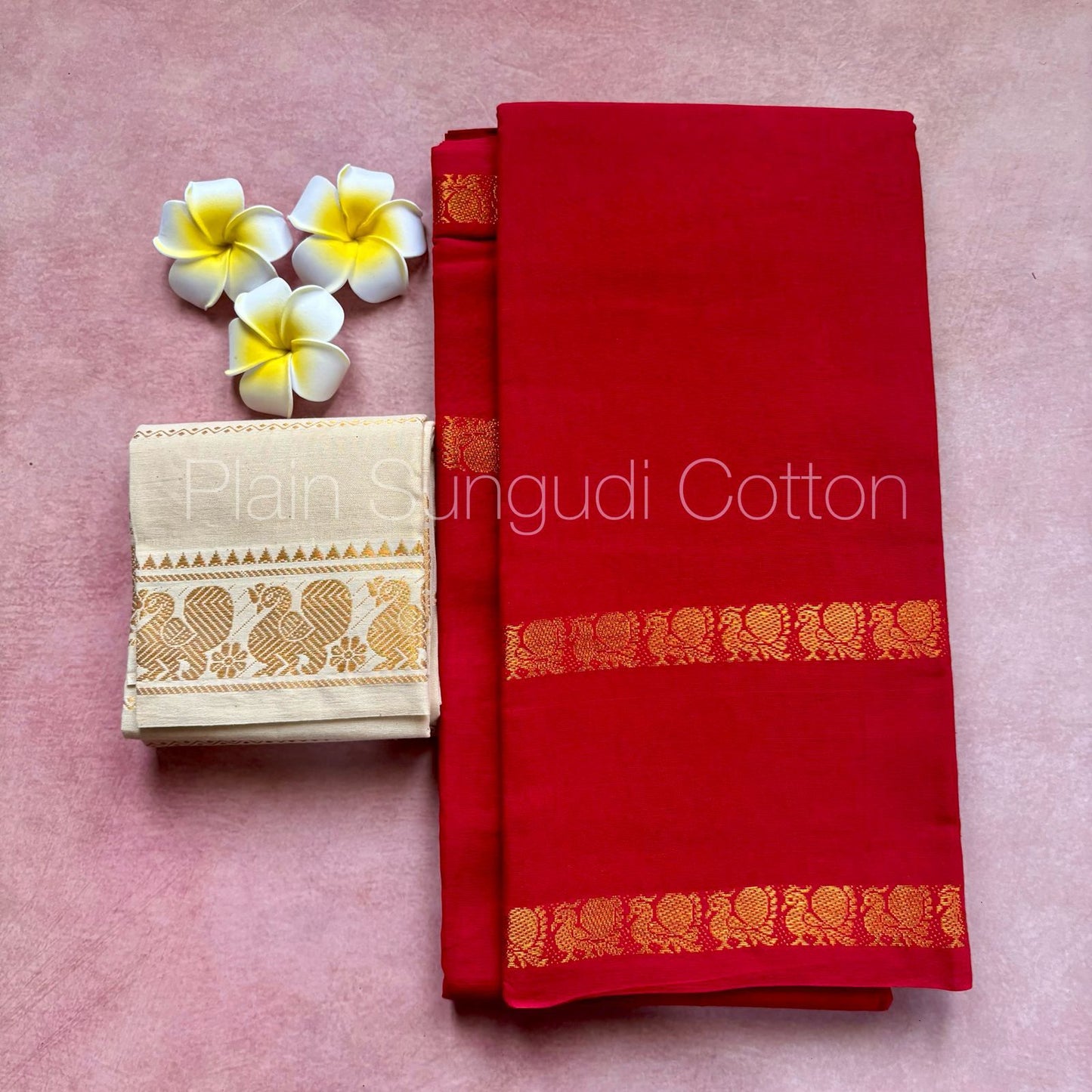 Festive Red Retta petta peacock border Sungudi handloom Saree