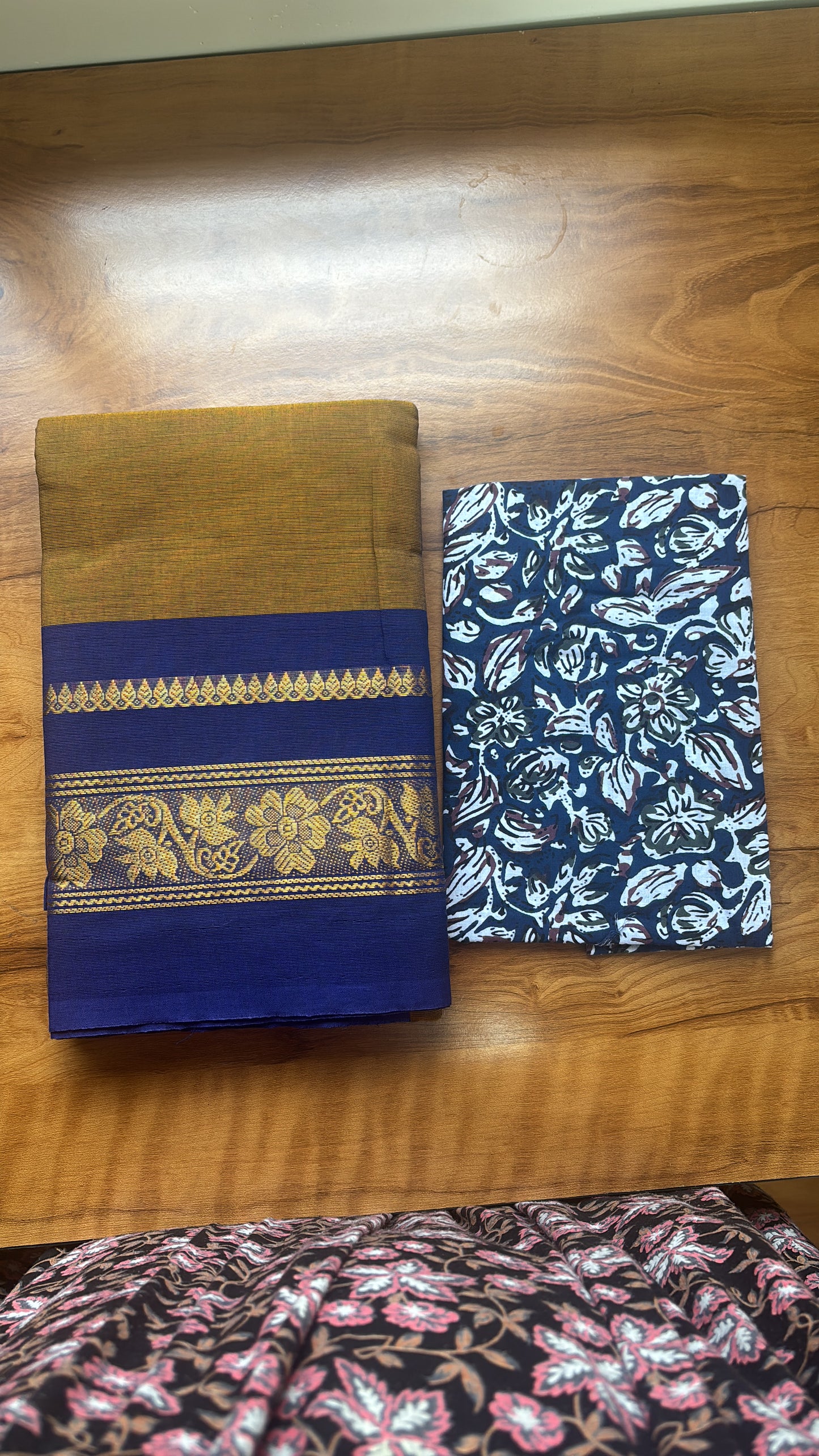 Vintage mustard deep blue combo Chettinad Cotton Saree with blouse