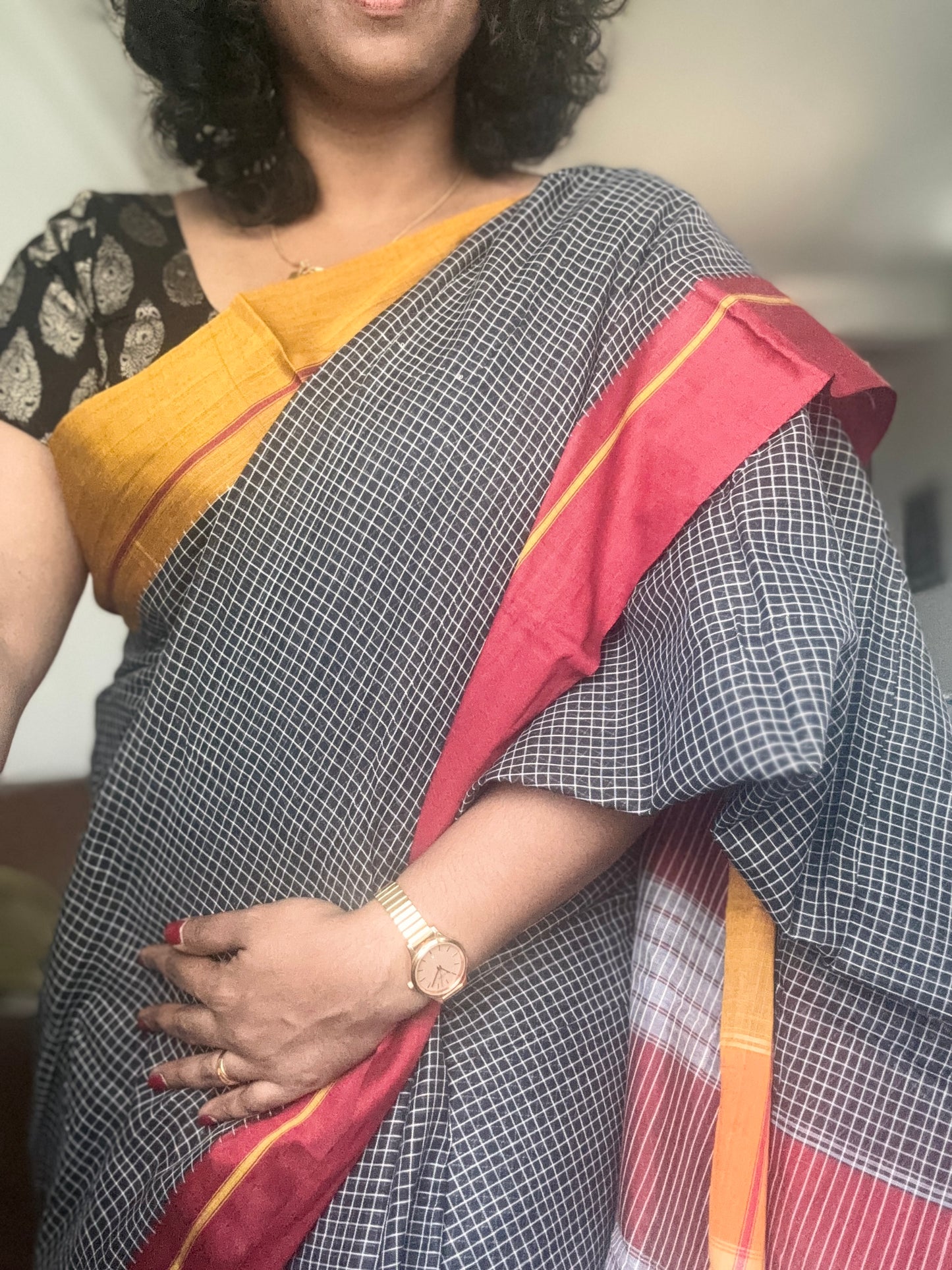 Patteda Aanchu handloom marked Sarees Black checks with orange and maroon border