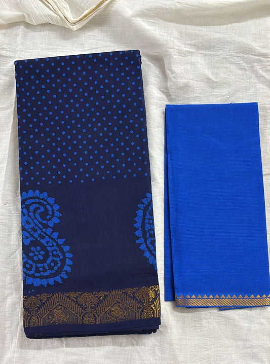 Wax batik sungudi cotton saree navy blue