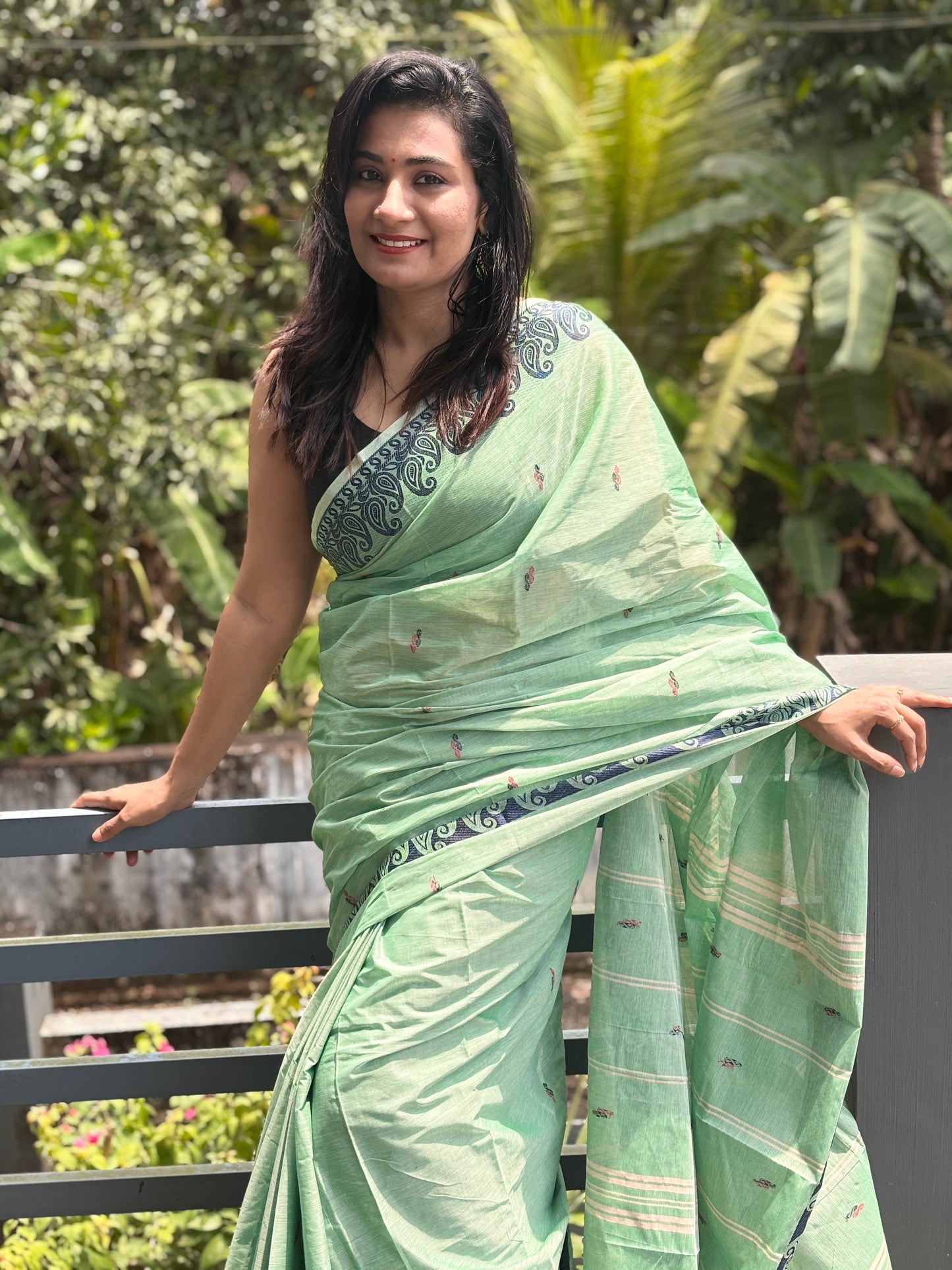 Sangita mango border pastel green Cotton Saree