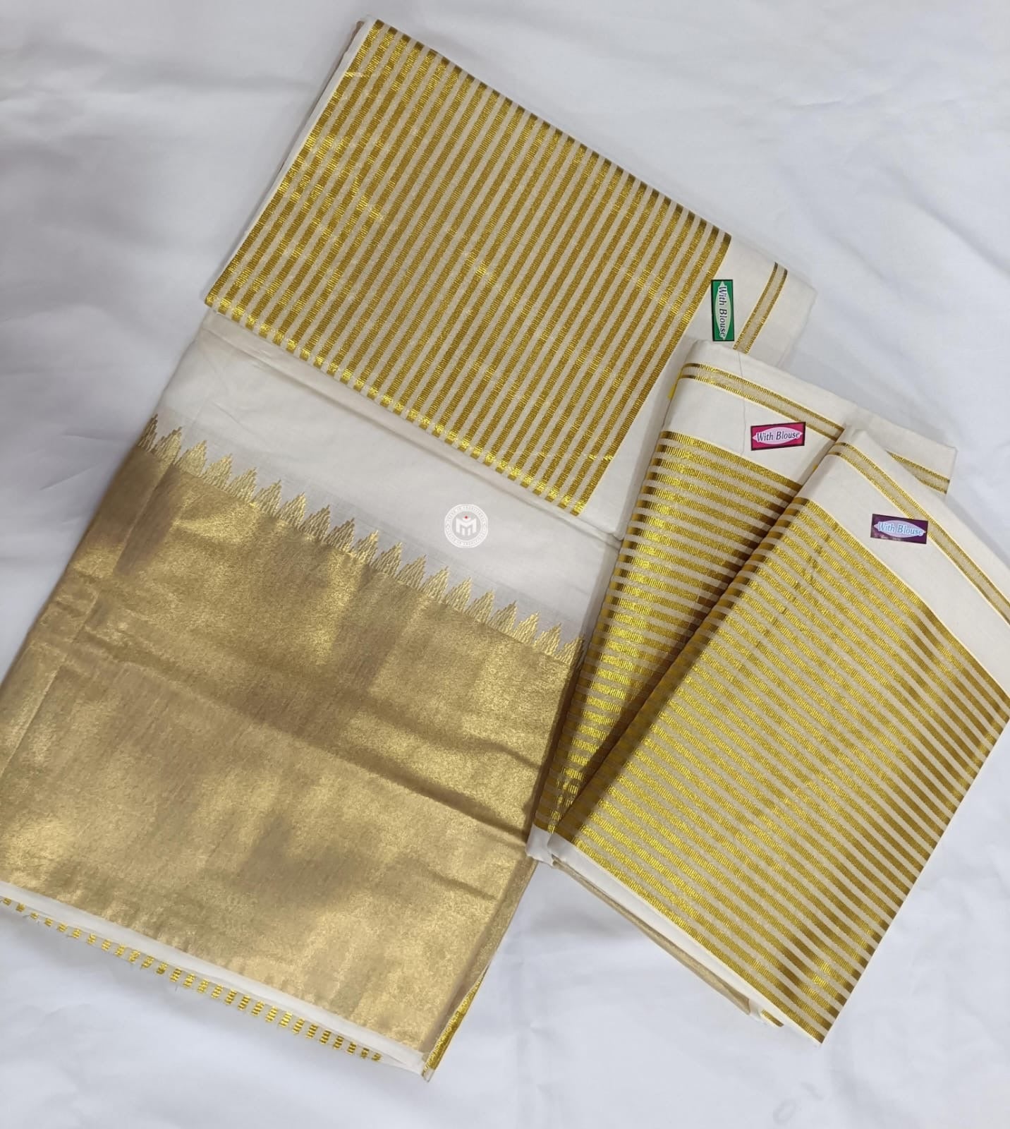 Handloom model 10 inch striped kasavu temple border Onam Saree